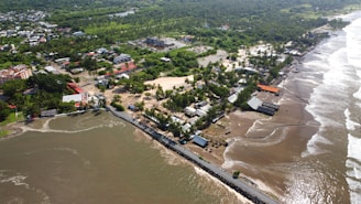 Flooded coastal town with debris and high waves