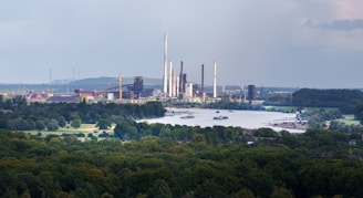 Industrial complex with smokestacks near a body of water.