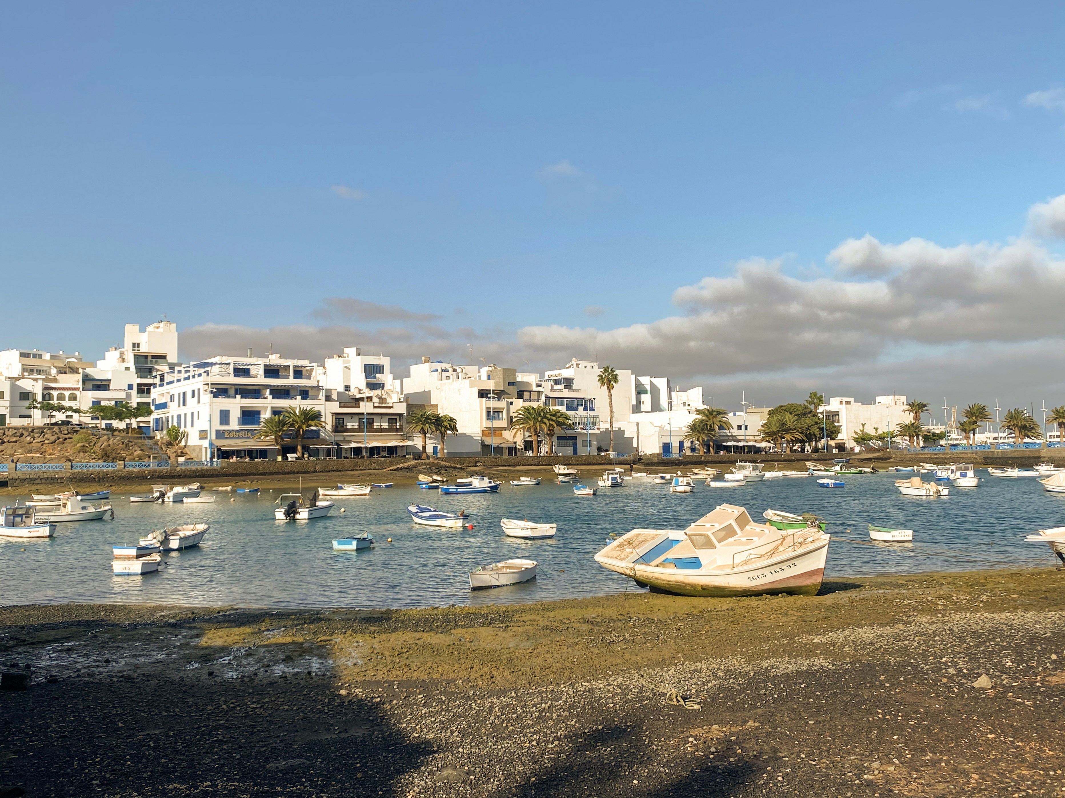 Boats moored in a calm bay with white buildings ashore.
