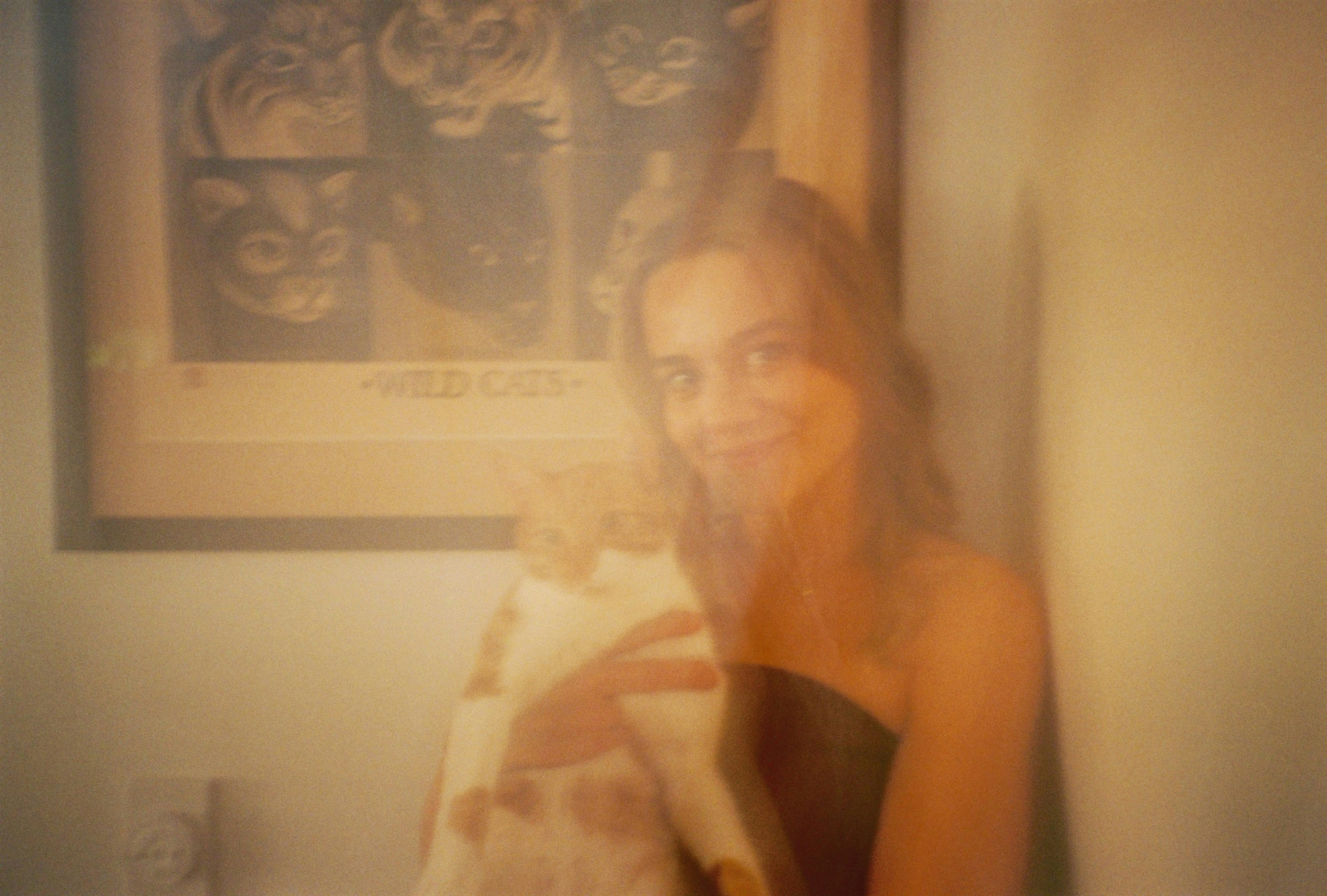 Woman holding a cat with a framed picture behind her.