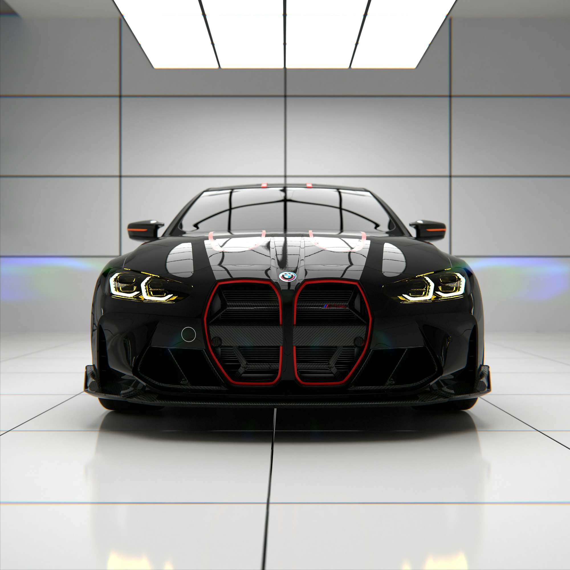 A black sports sedan with red accents in a white studio