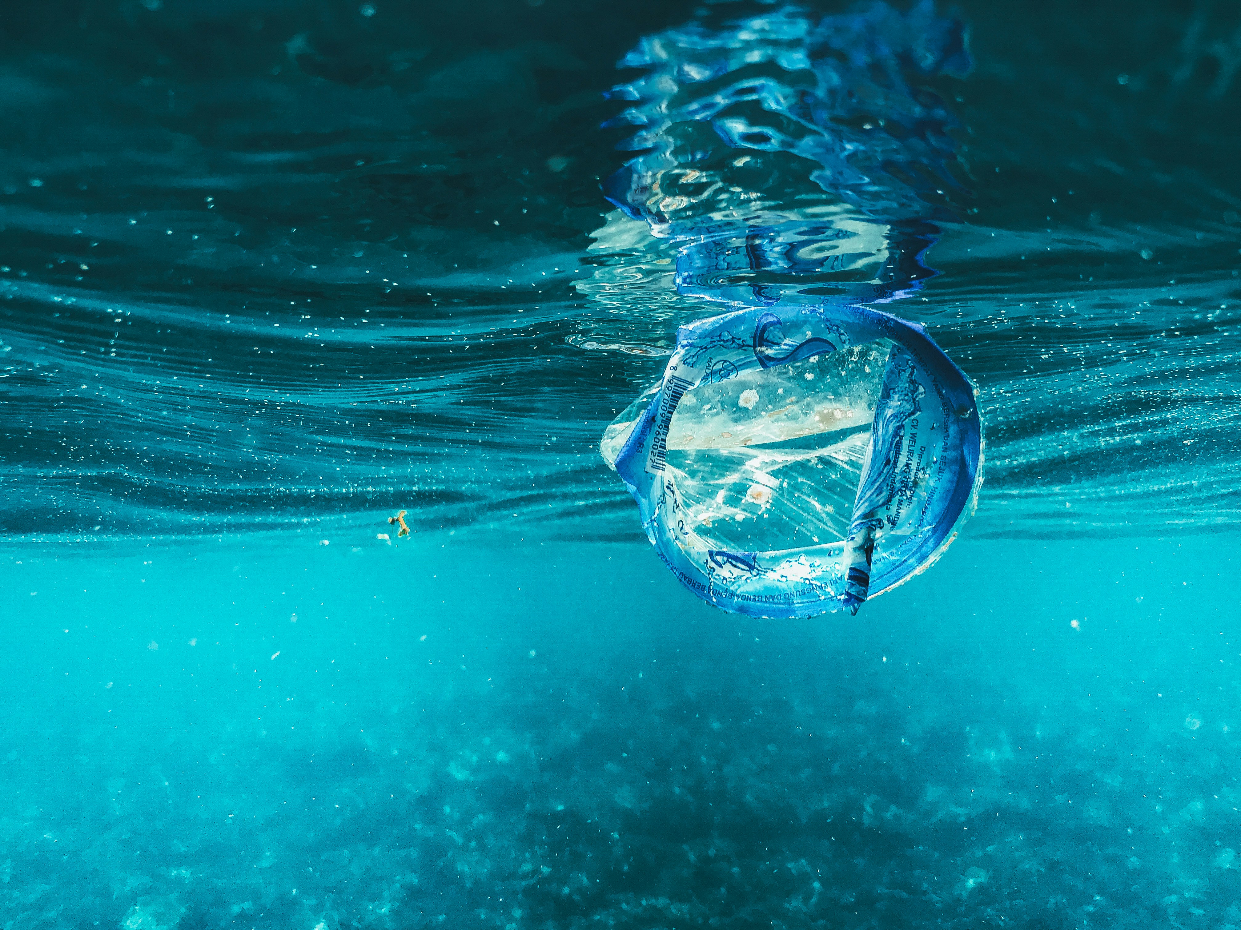 Botella de plástico flotando en la superficie del océano.