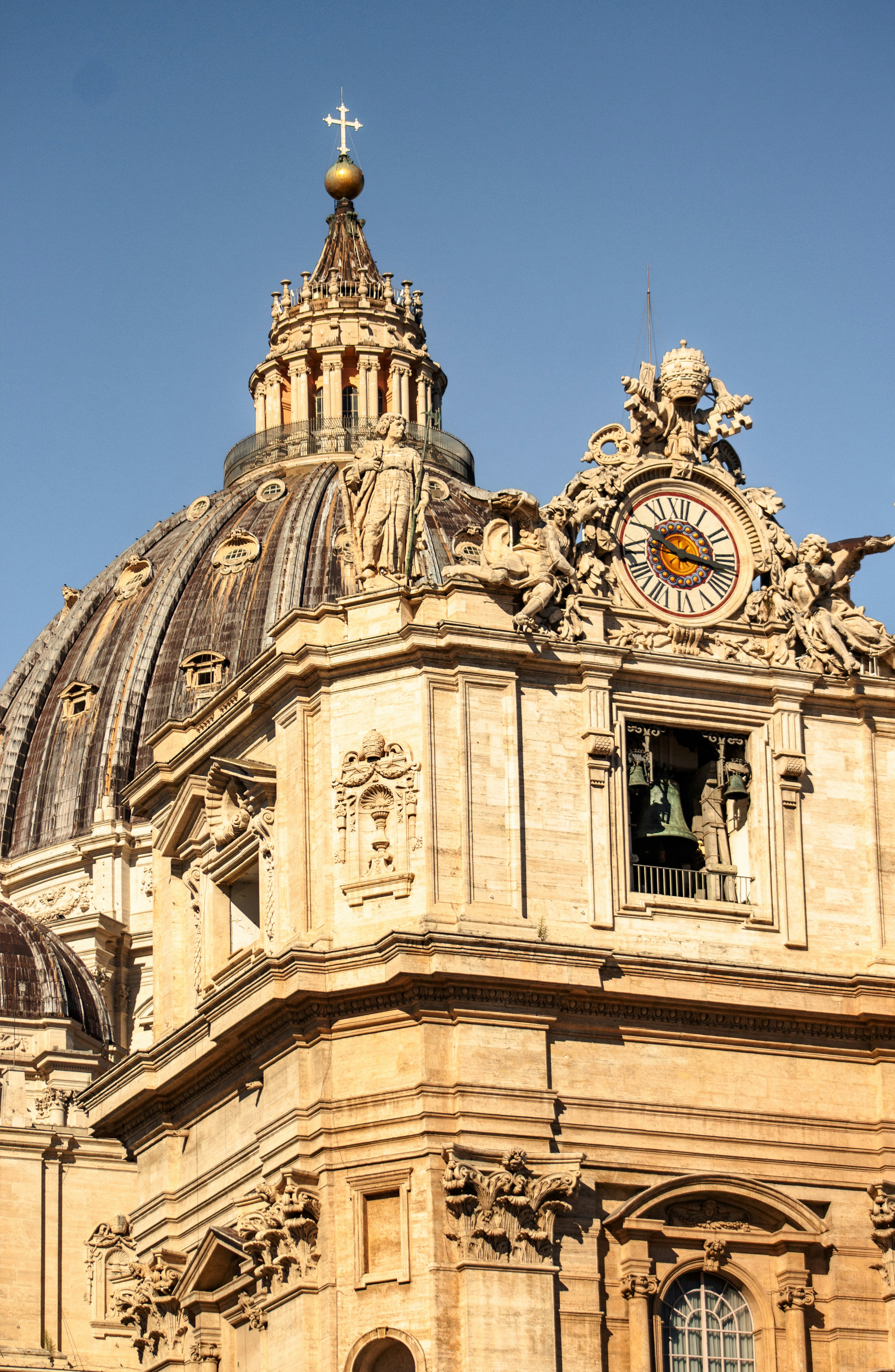 Close-up of ornate dome and clock tower architecture