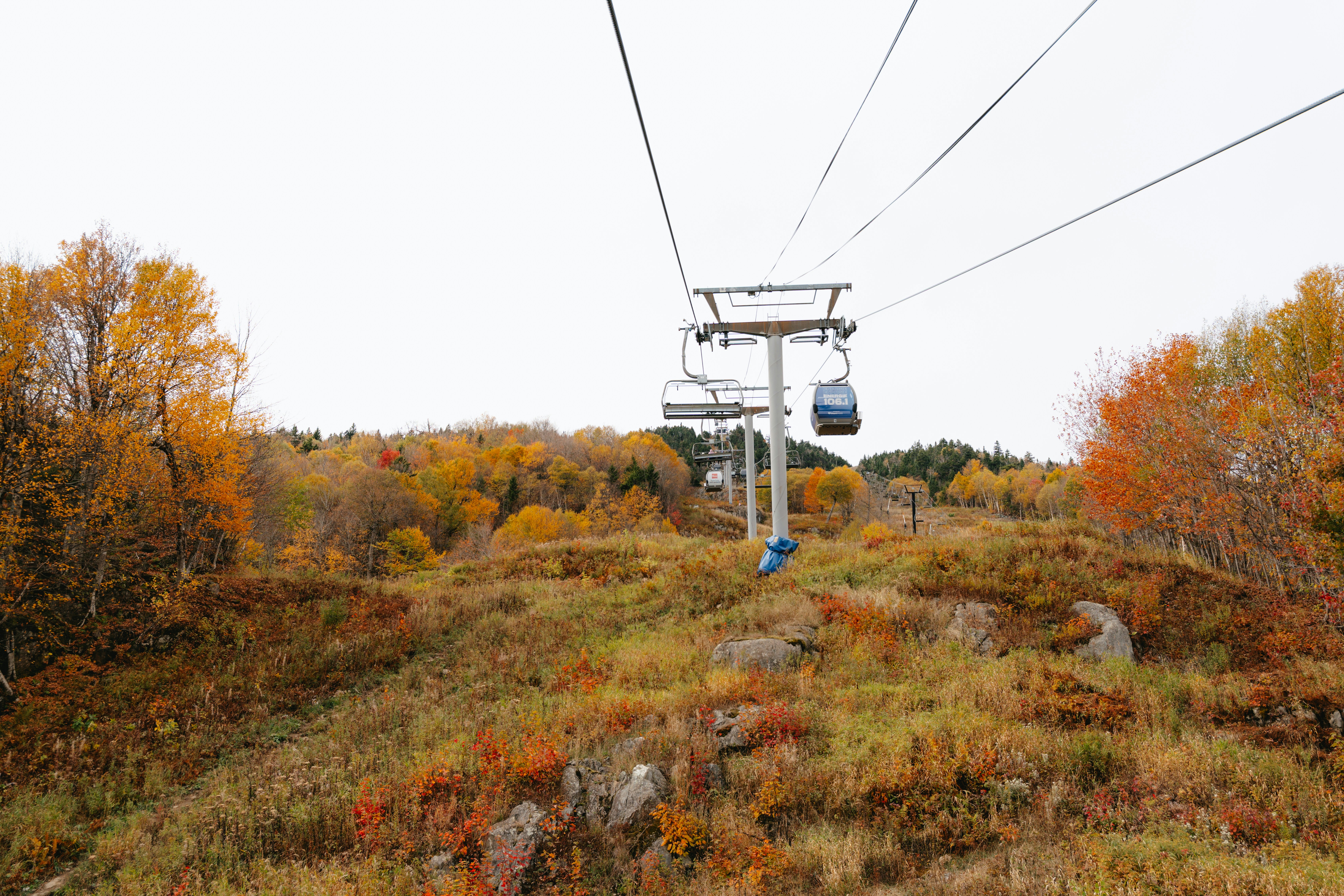 Cable car ascending over autumn trees and rocky terrain.