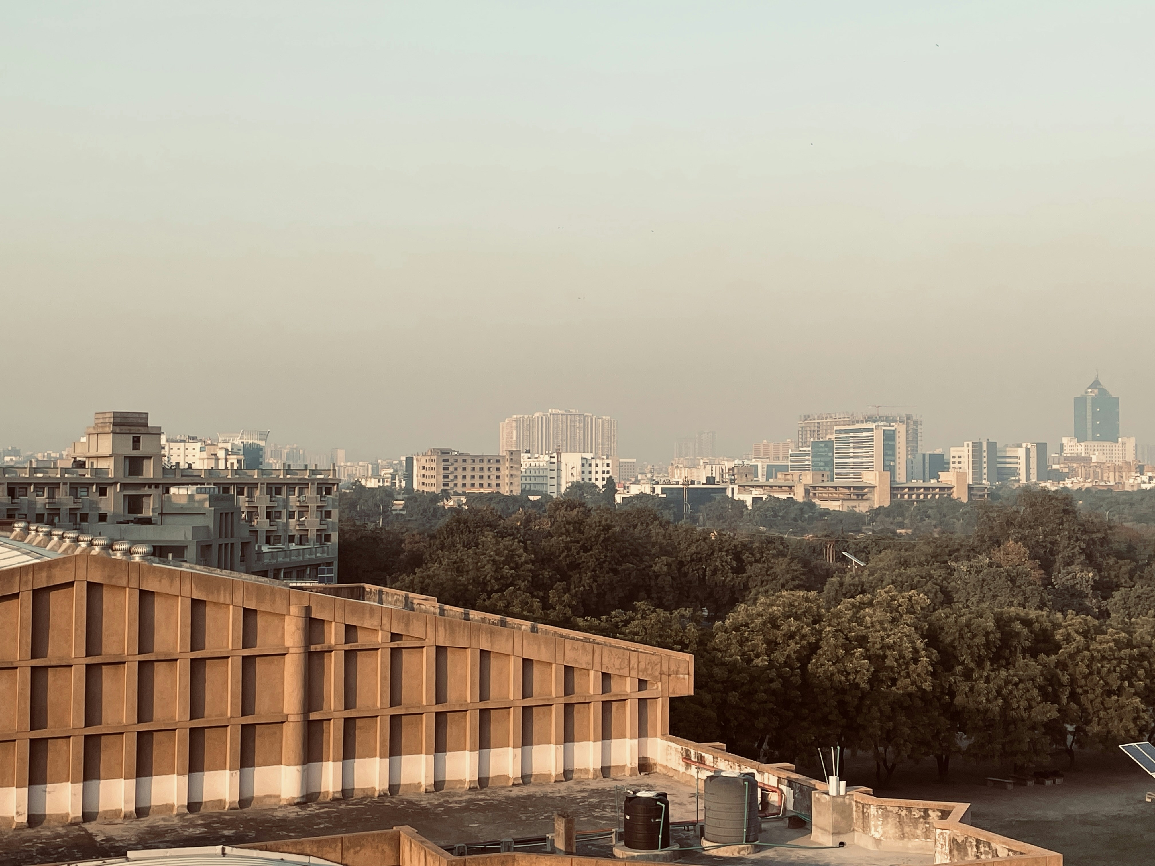 City skyline with buildings at sunset