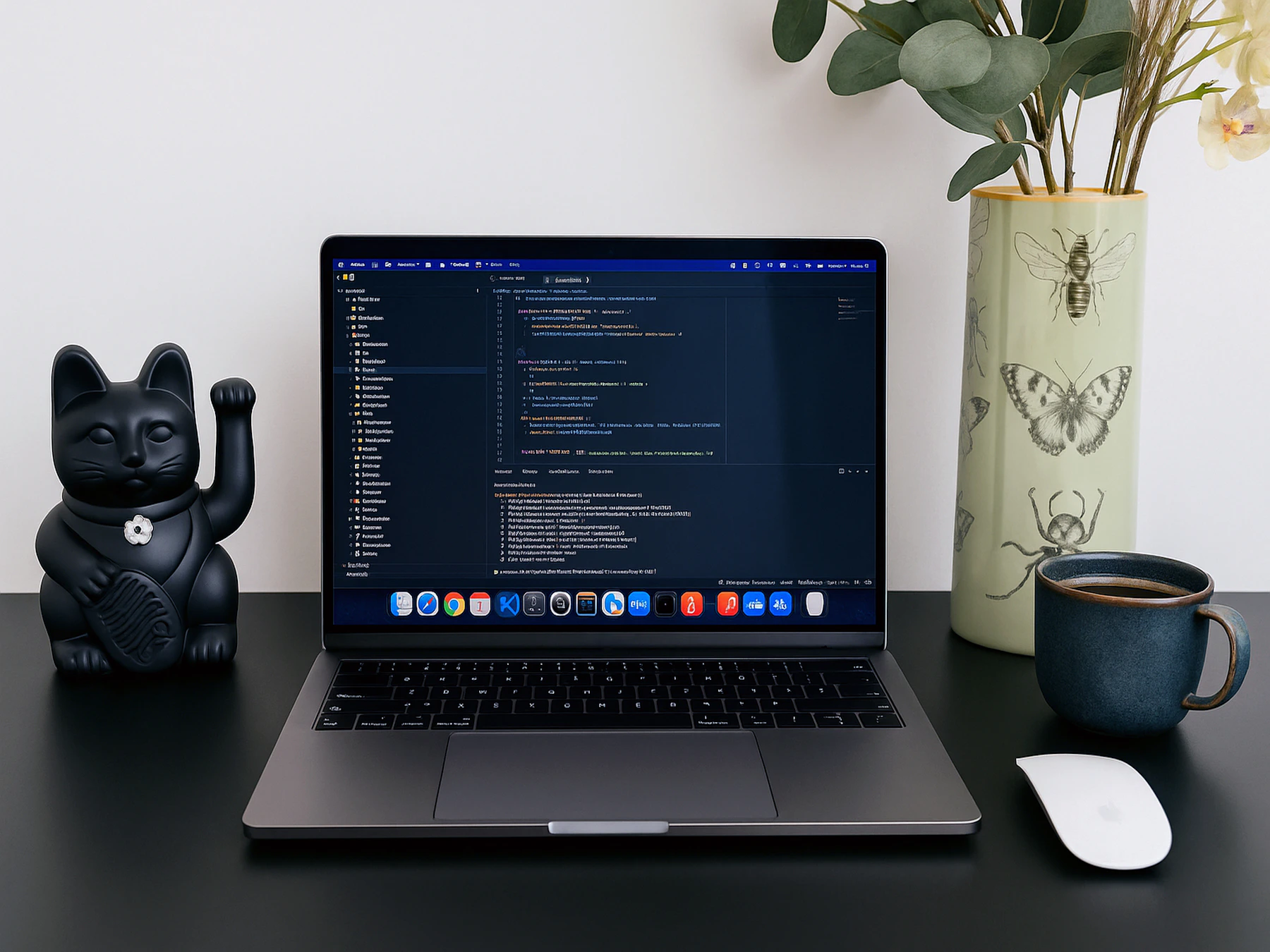 Web developer workspace with code and website engineering setup