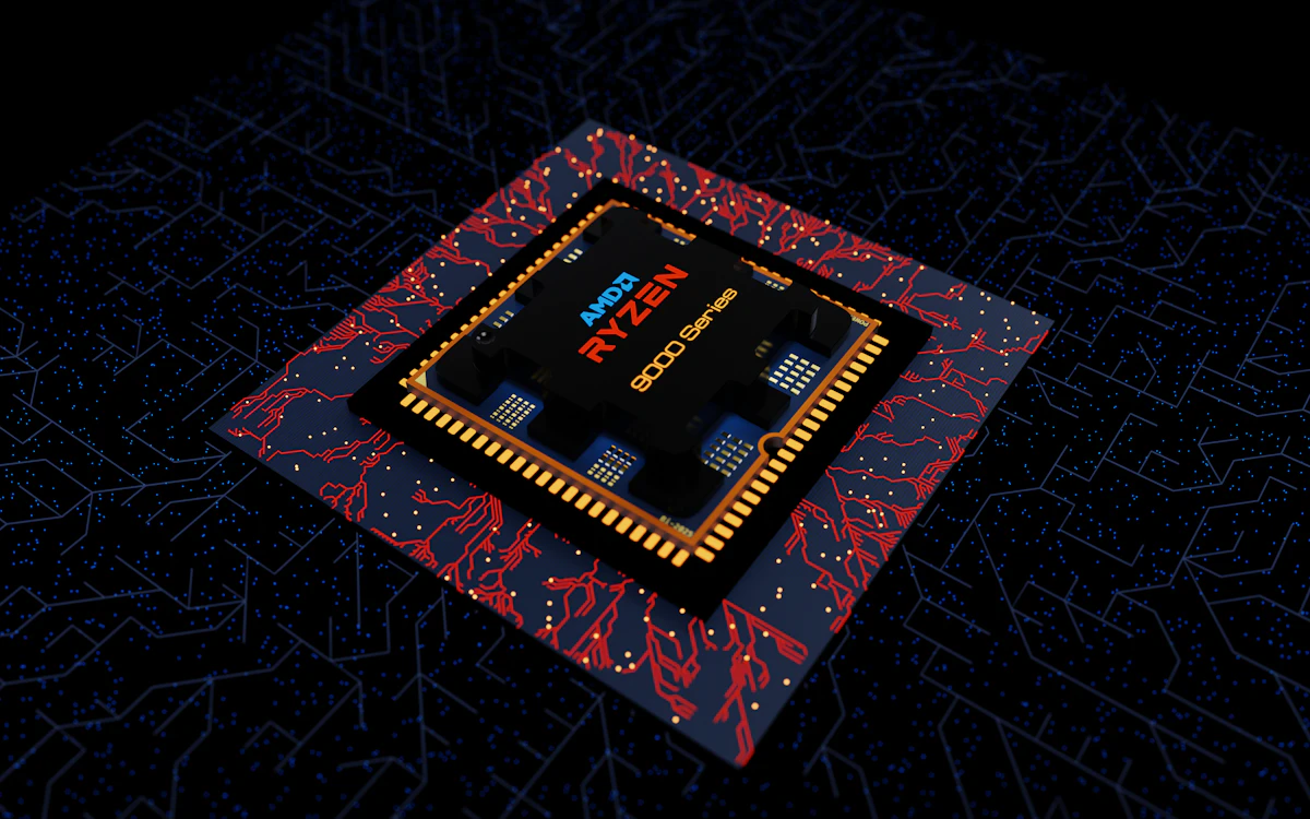 Macro photograph of a modern processor package showing dense circuit board traces