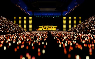 Arena filled with glowing lights and '2026' display.