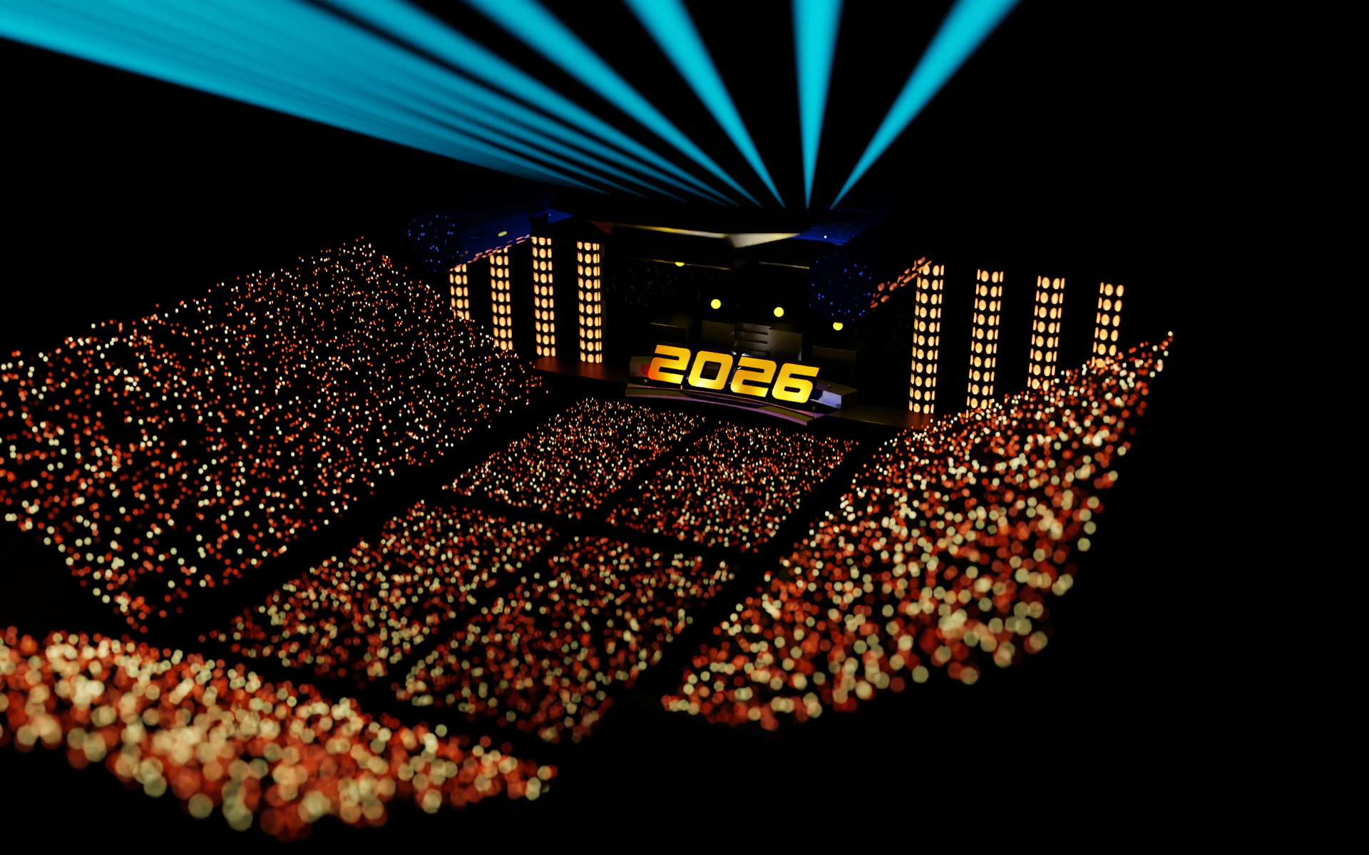 Concert crowd watches 2026 illuminated stage with lights.