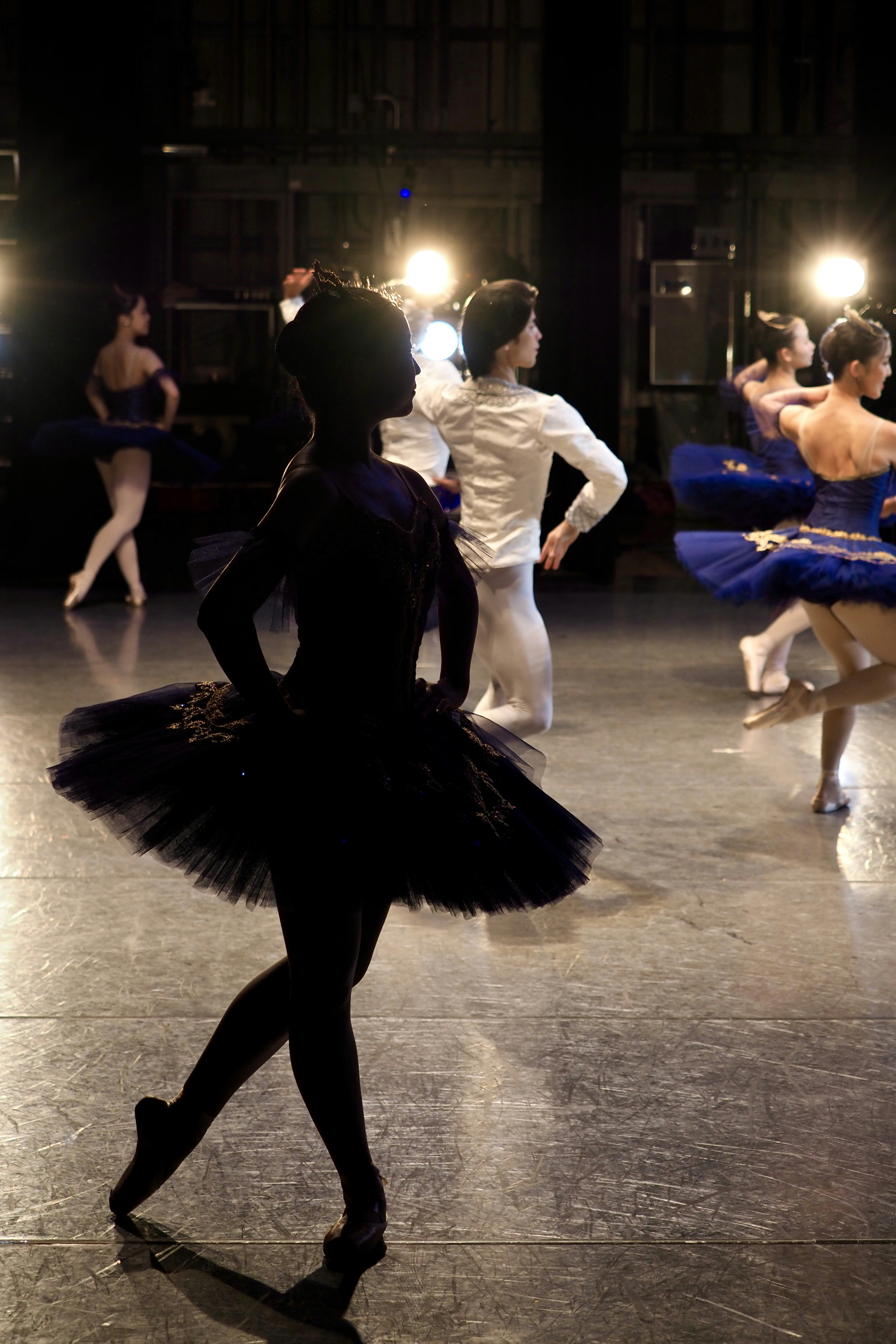 Ballet dancers in dark and white costumes on stage.