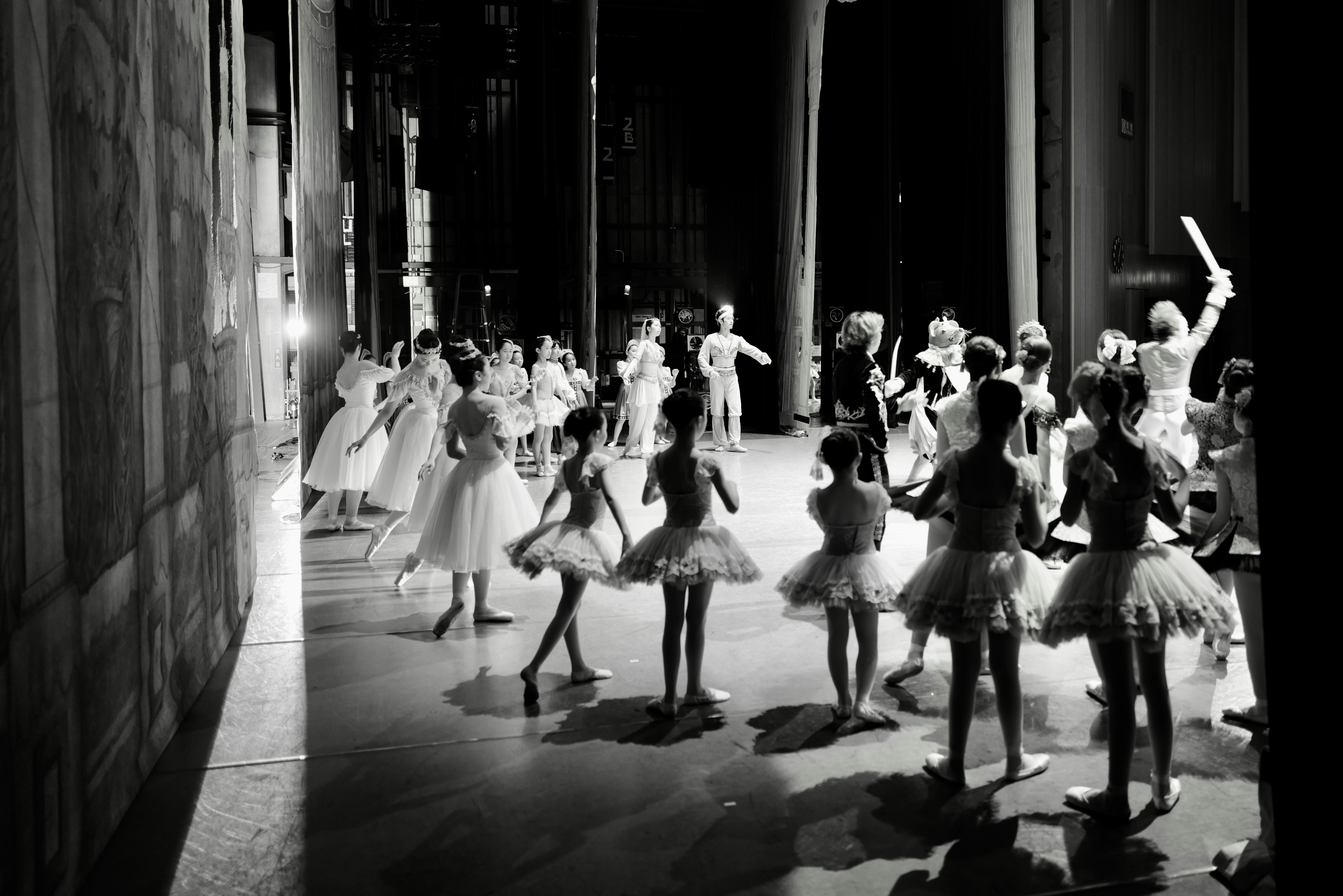 Young ballet dancers in tutus practicing on stage