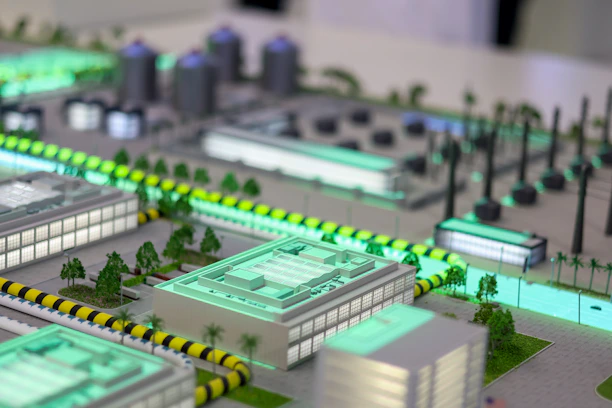 Miniature industrial complex with glowing lights