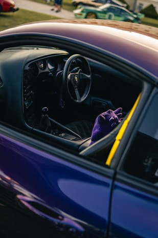 Purple sports car interior with purple microfiber cloth