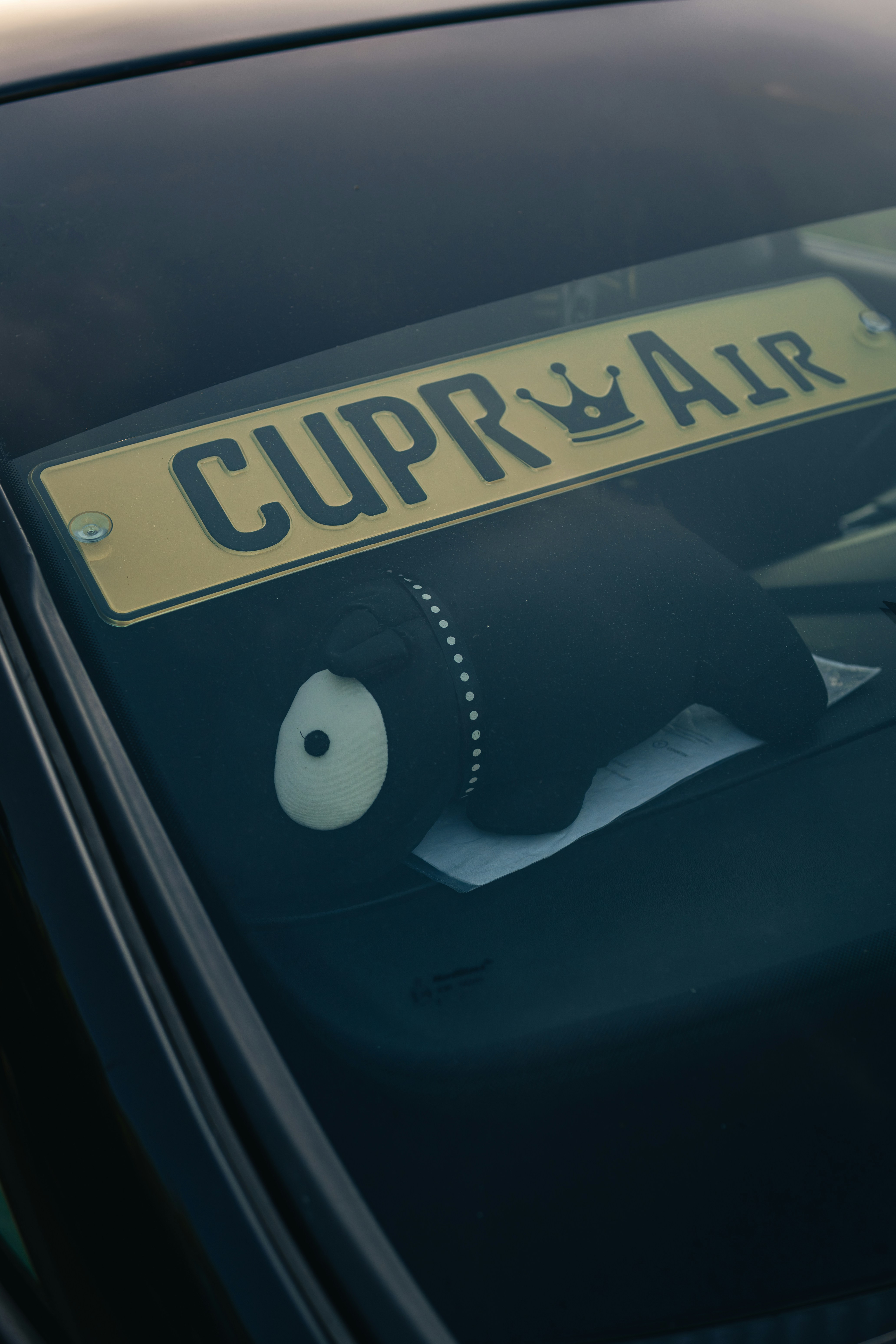 ナンバープレート付きの車のダッシュボードに黒いぬいぐるみ。