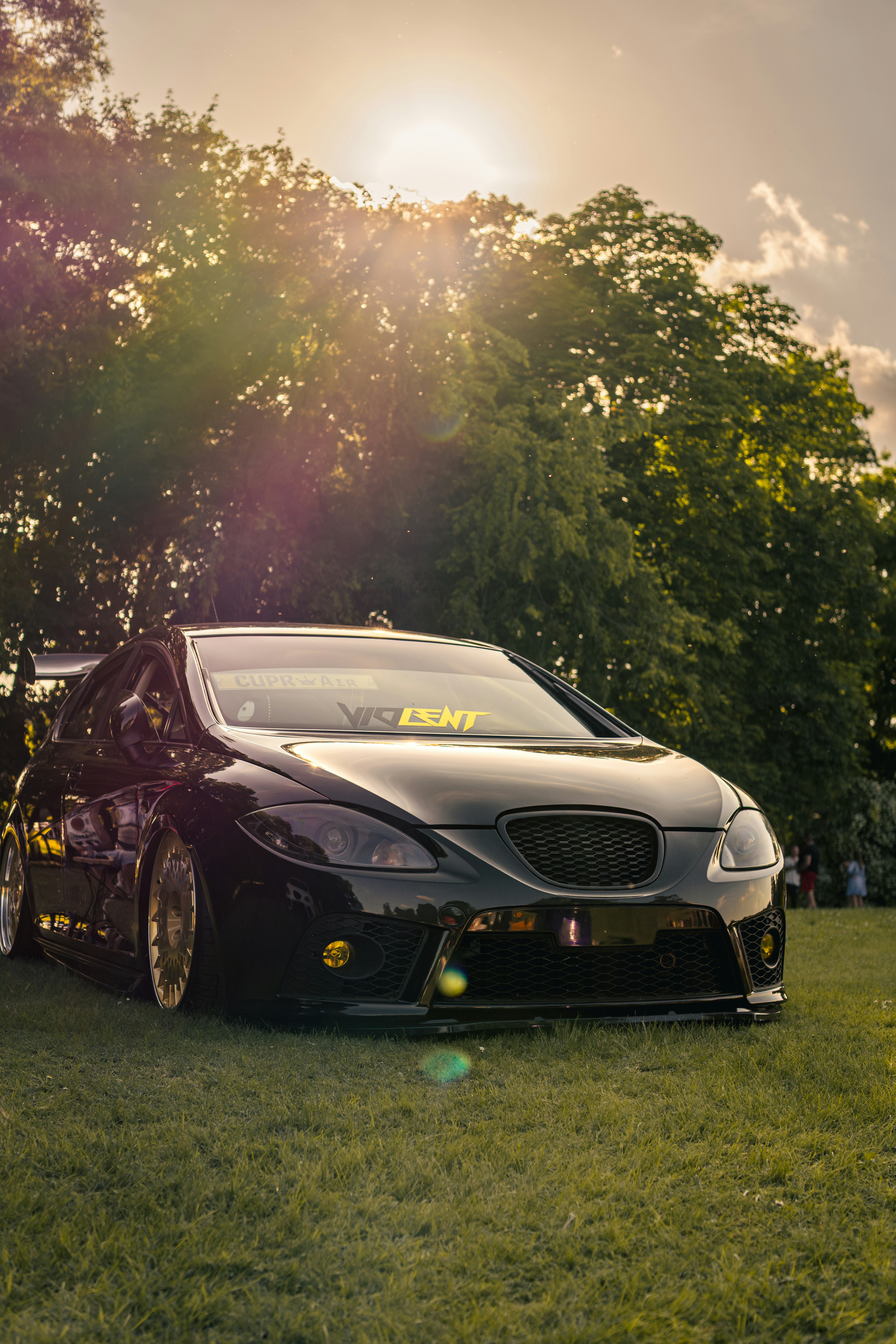 夕暮れ時の芝生の上に駐車された黒い改造車