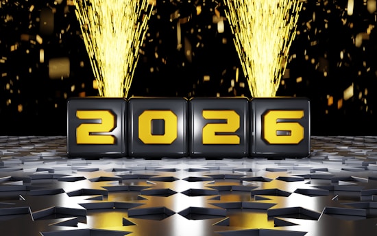 The year 2026 displayed on cubes with fireworks.