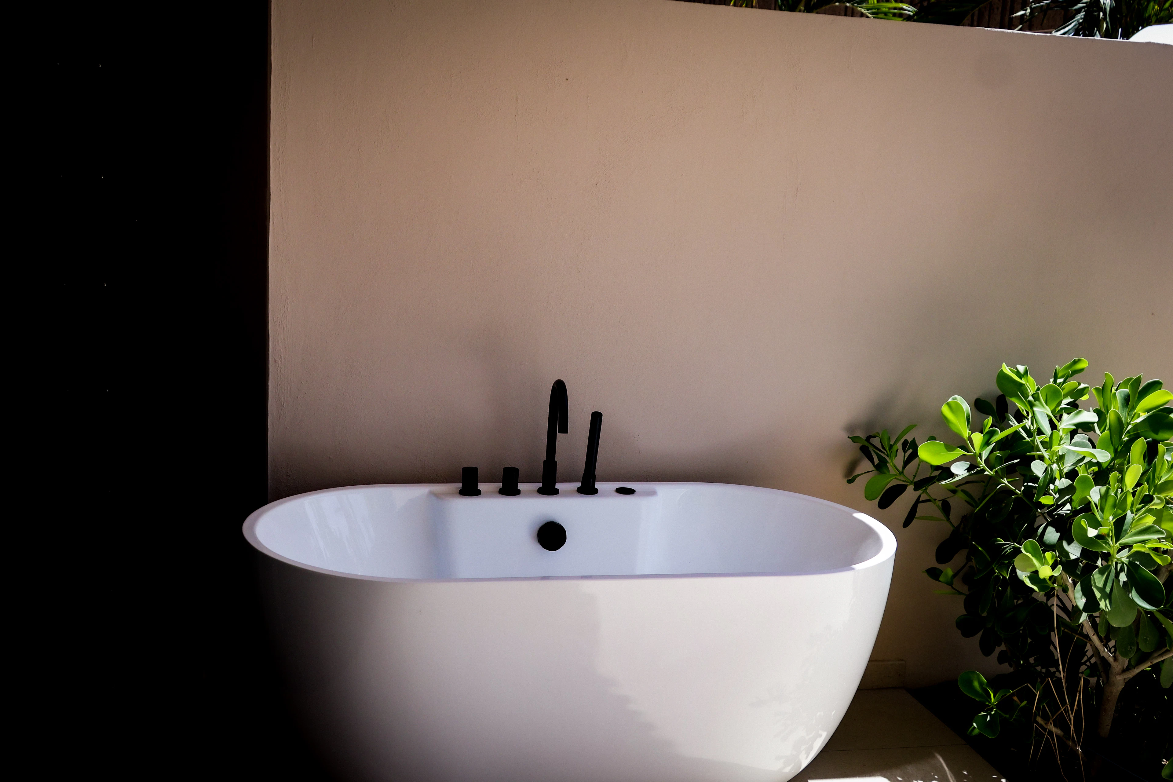 Freestanding bathtub in a calm setting