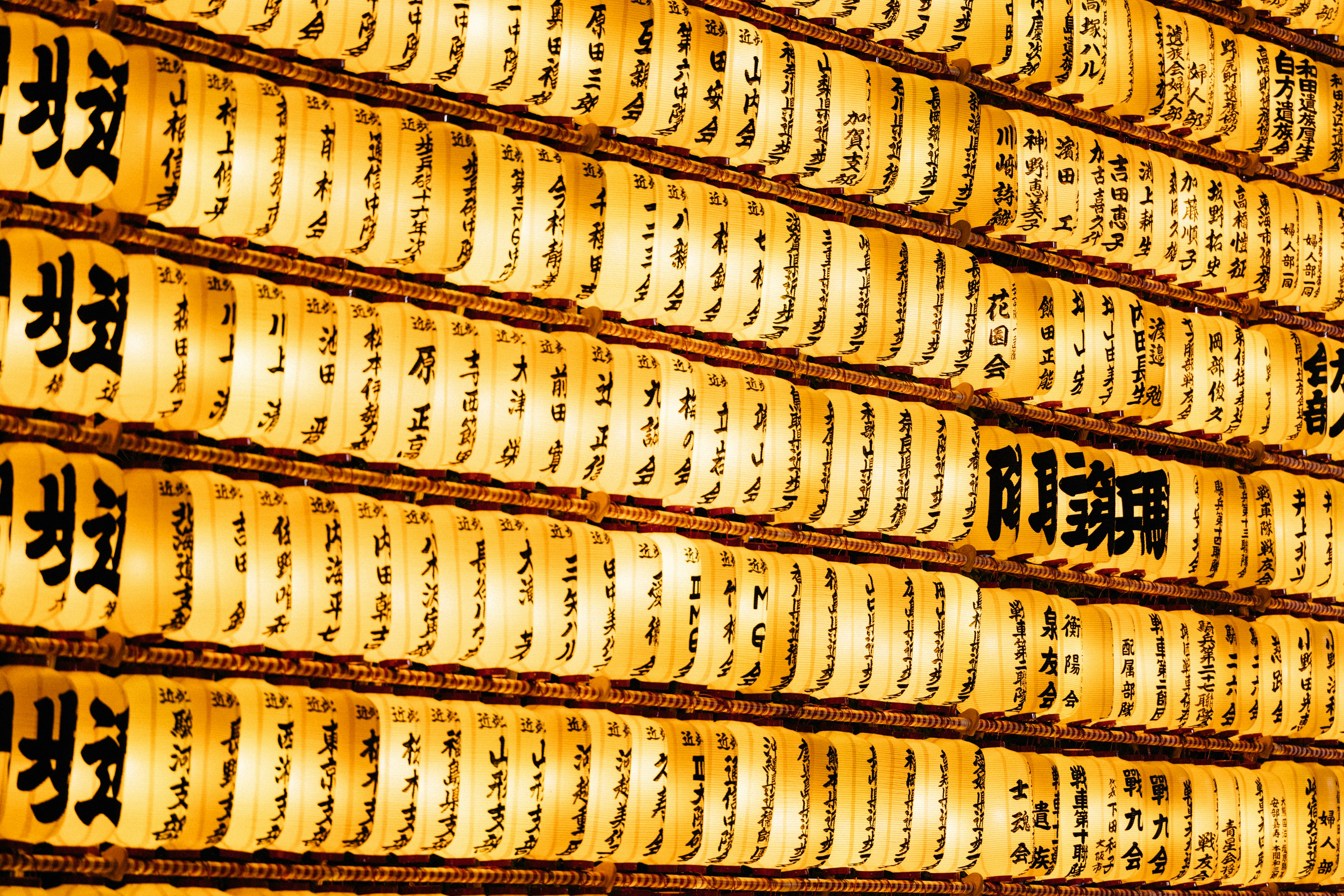 Rows of illuminated japanese lanterns with text.