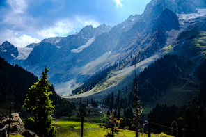 Majestic snow-capped mountains under a bright blue sky.