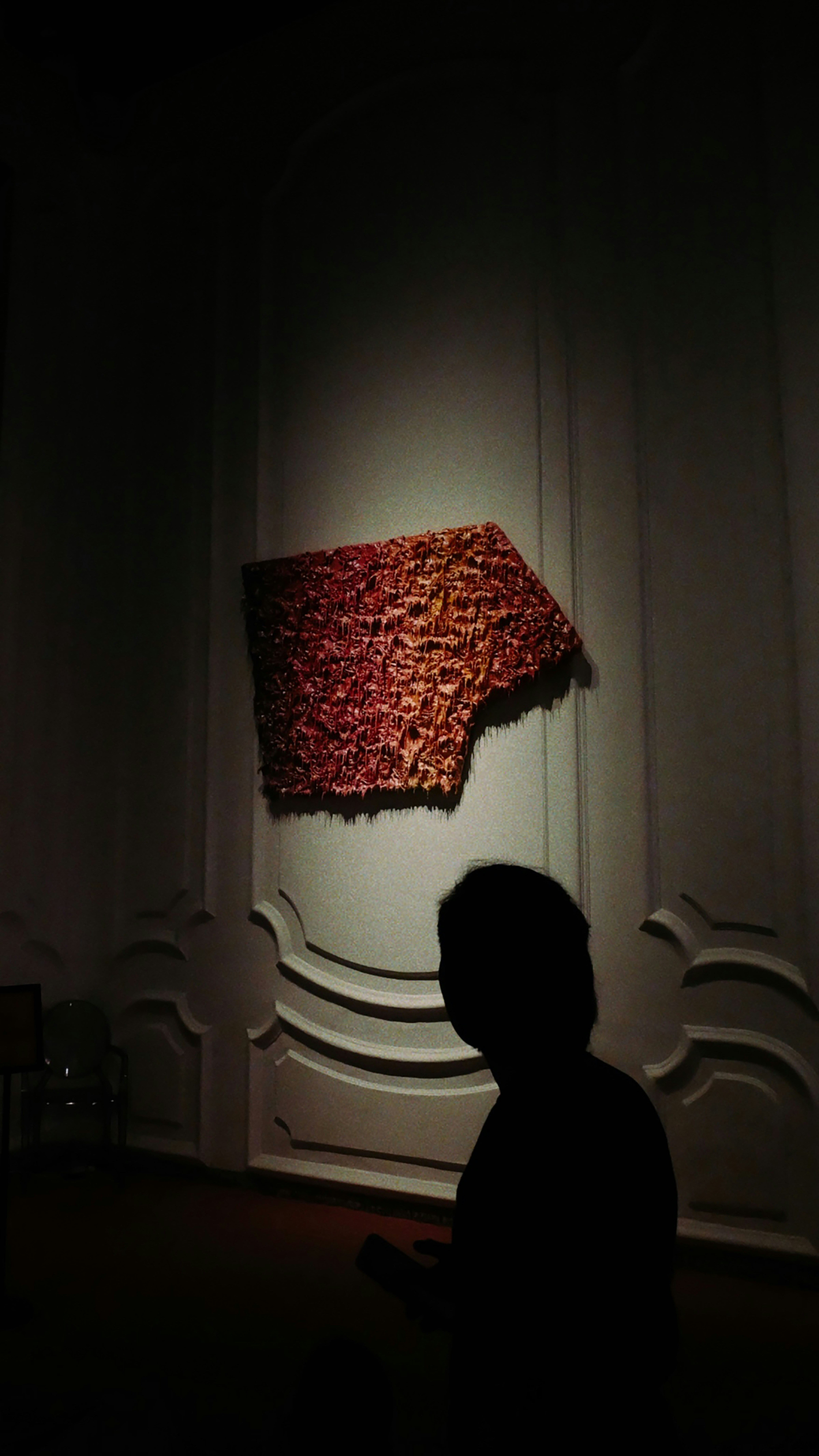 Silueta de una persona viendo obras de arte texturizadas en la pared