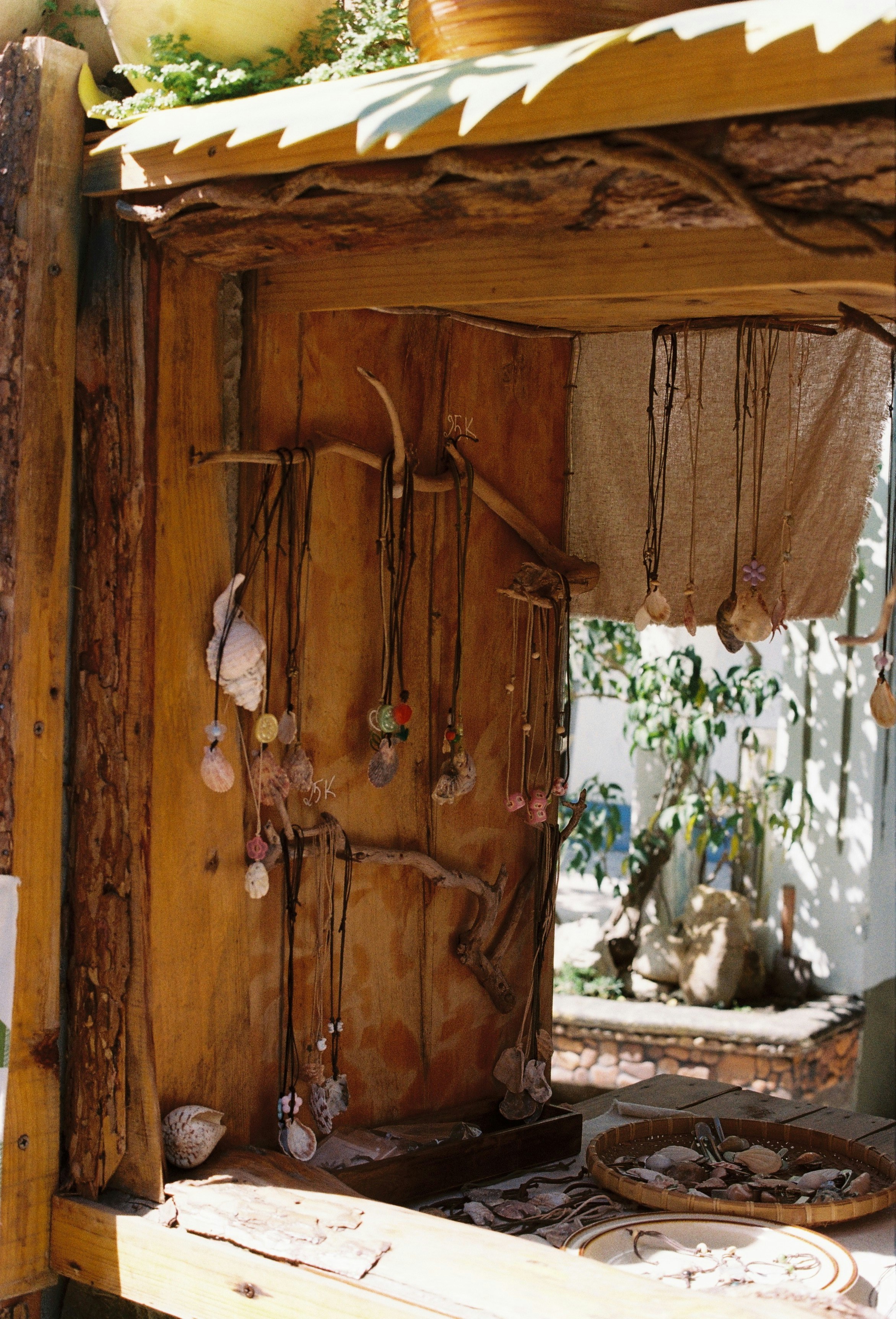 Handmade shell necklaces displayed on wooden branches.