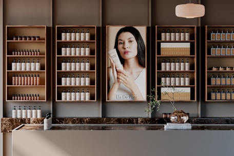 Woman holding skincare product in beauty store
