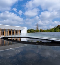 Modern building with reflection in water