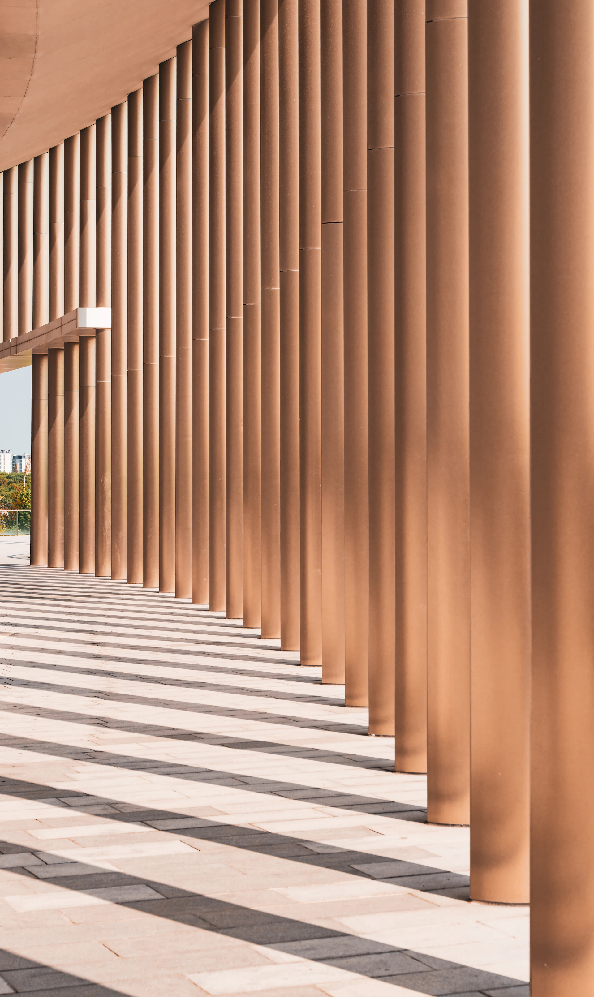Modern building with vertical louvers and striped shadows