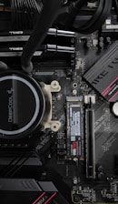 Computer motherboard with cpu cooler and ssd.