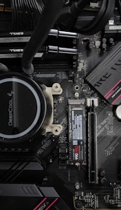 Computer motherboard with cpu cooler and ssd.