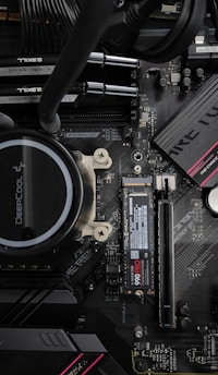 Computer motherboard with cpu cooler and ssd.