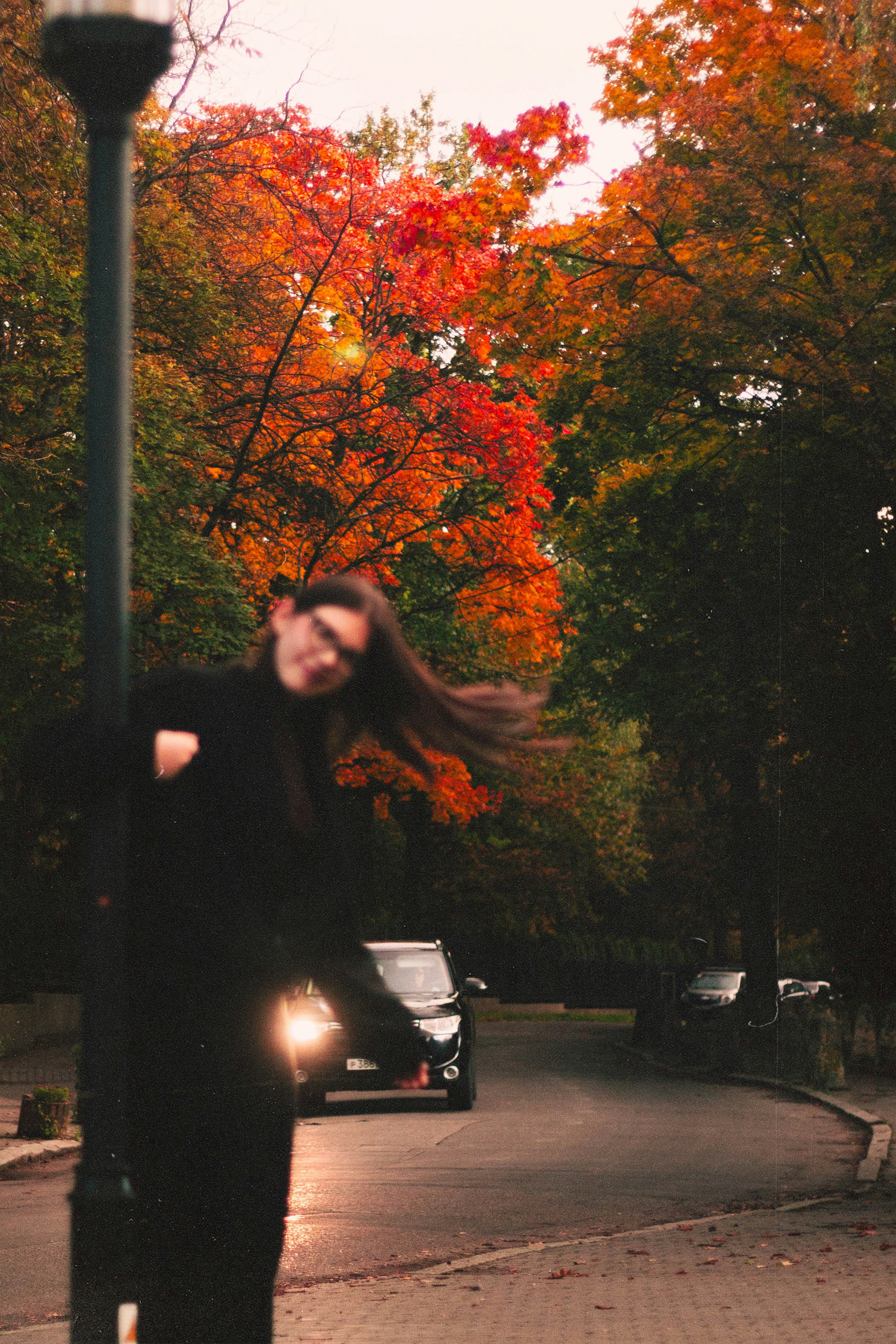 A person stands near a lamppost with autumn trees.
