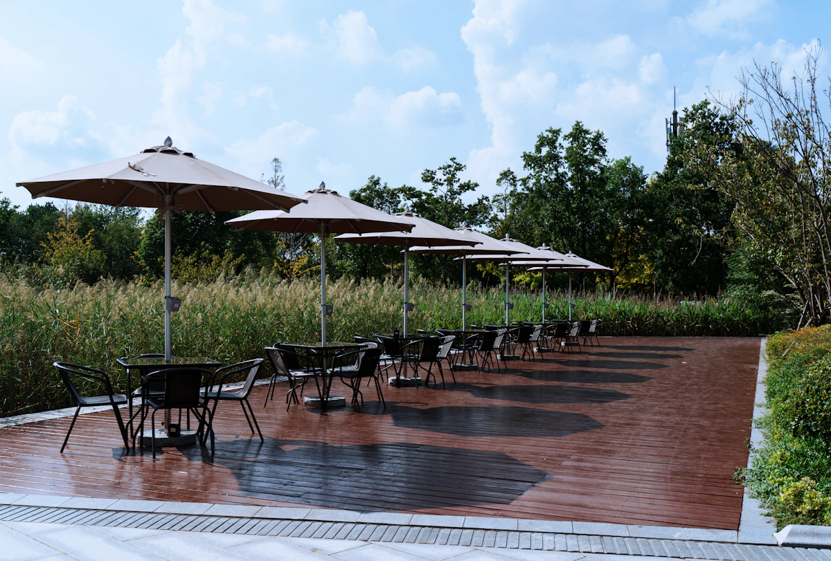 Outdoor garden seating with tables and creative punches