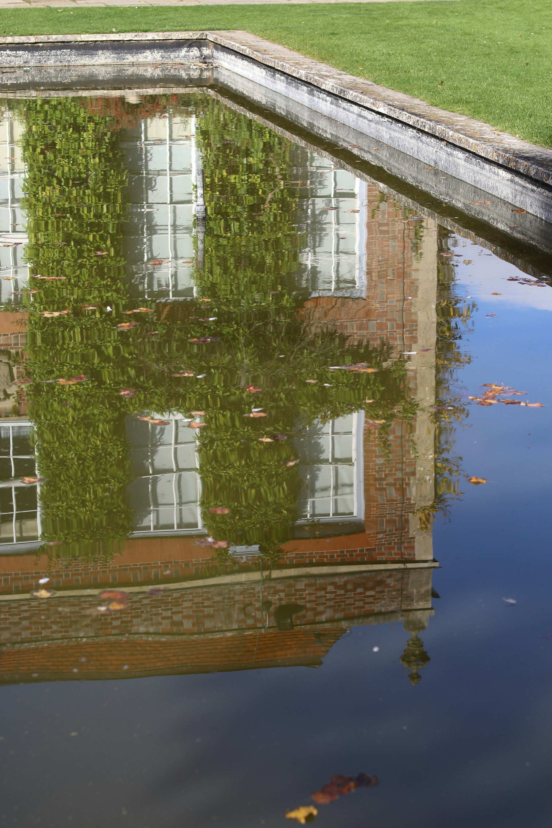 Reflection of a brick building with ivy on water