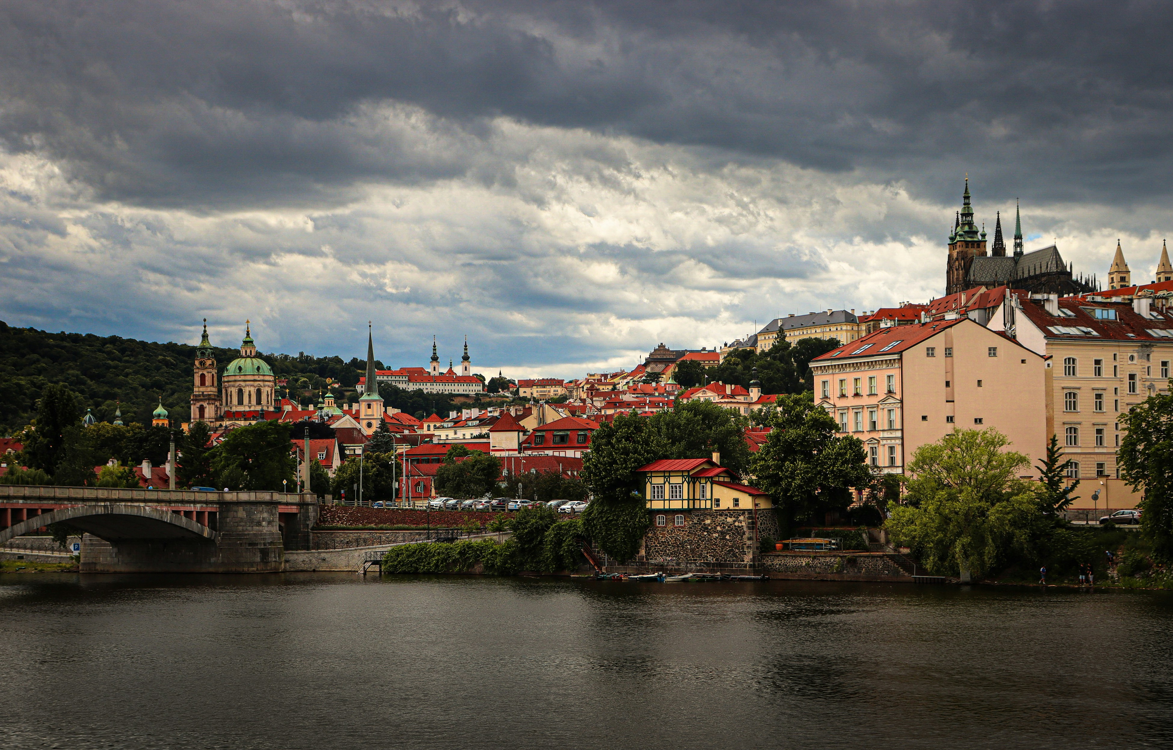 Cityscape with old buildings and a bridge over river.
