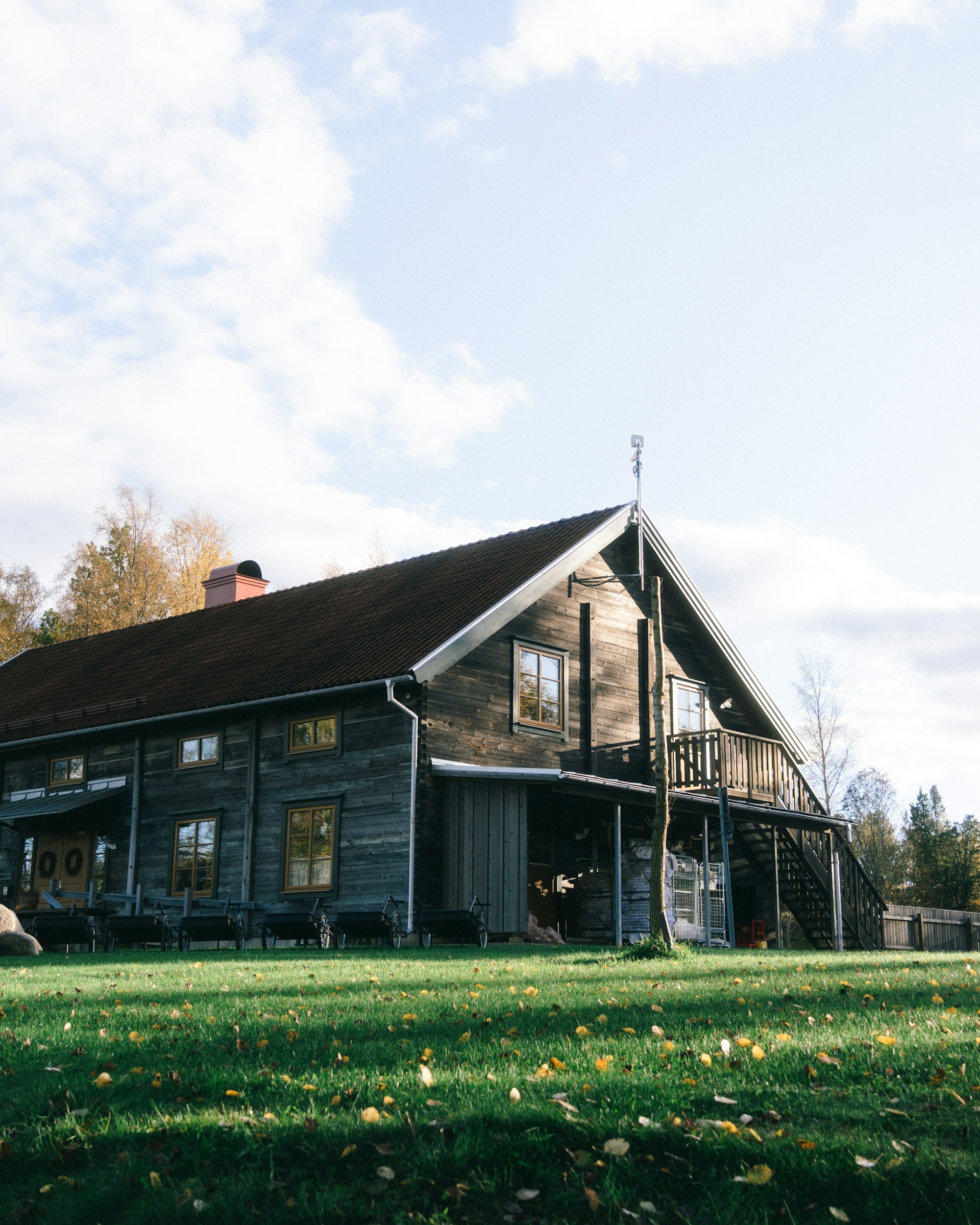 Rustic wooden house with green lawn and trees