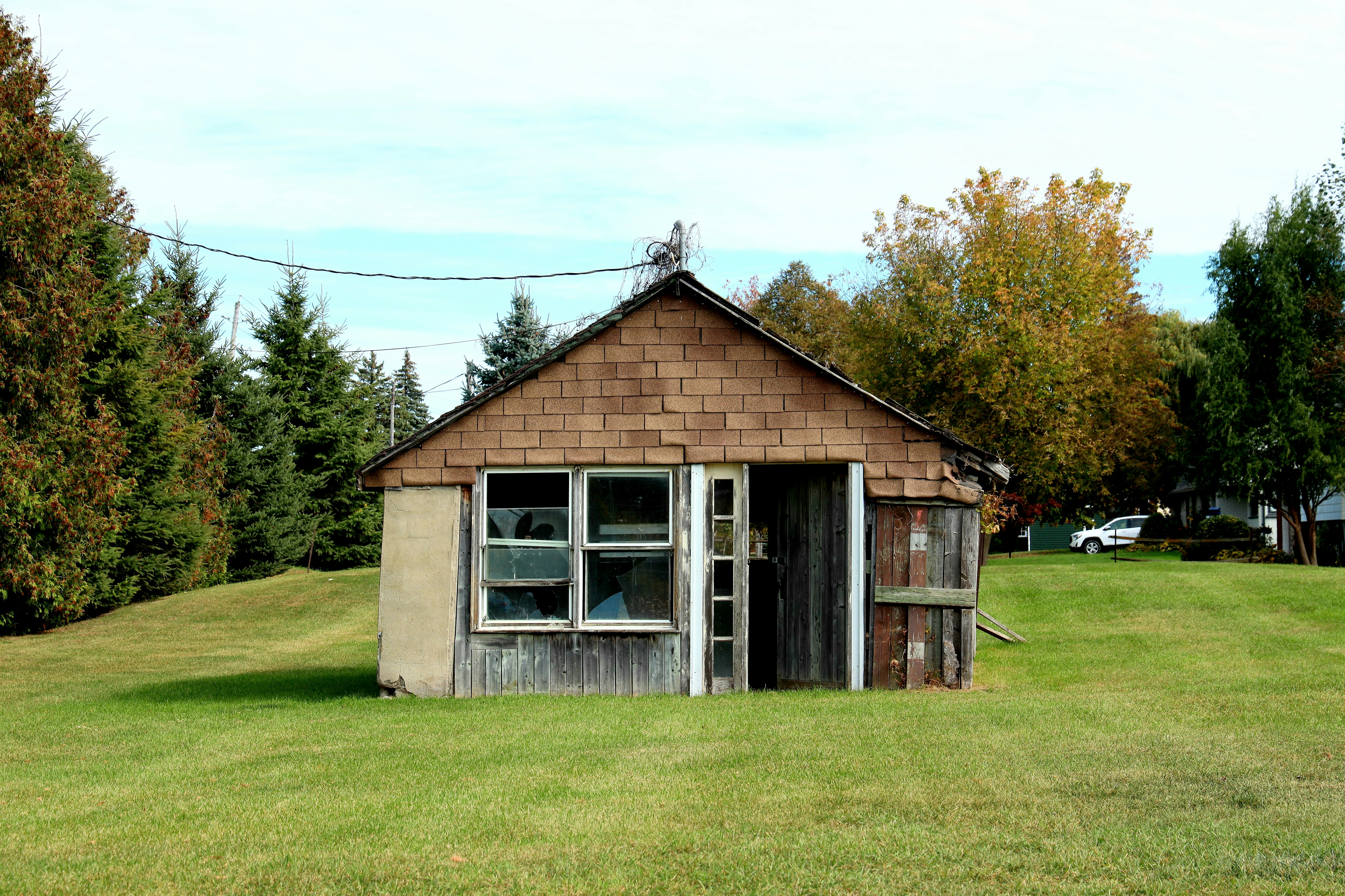 Small weathered shed with open door and windows.