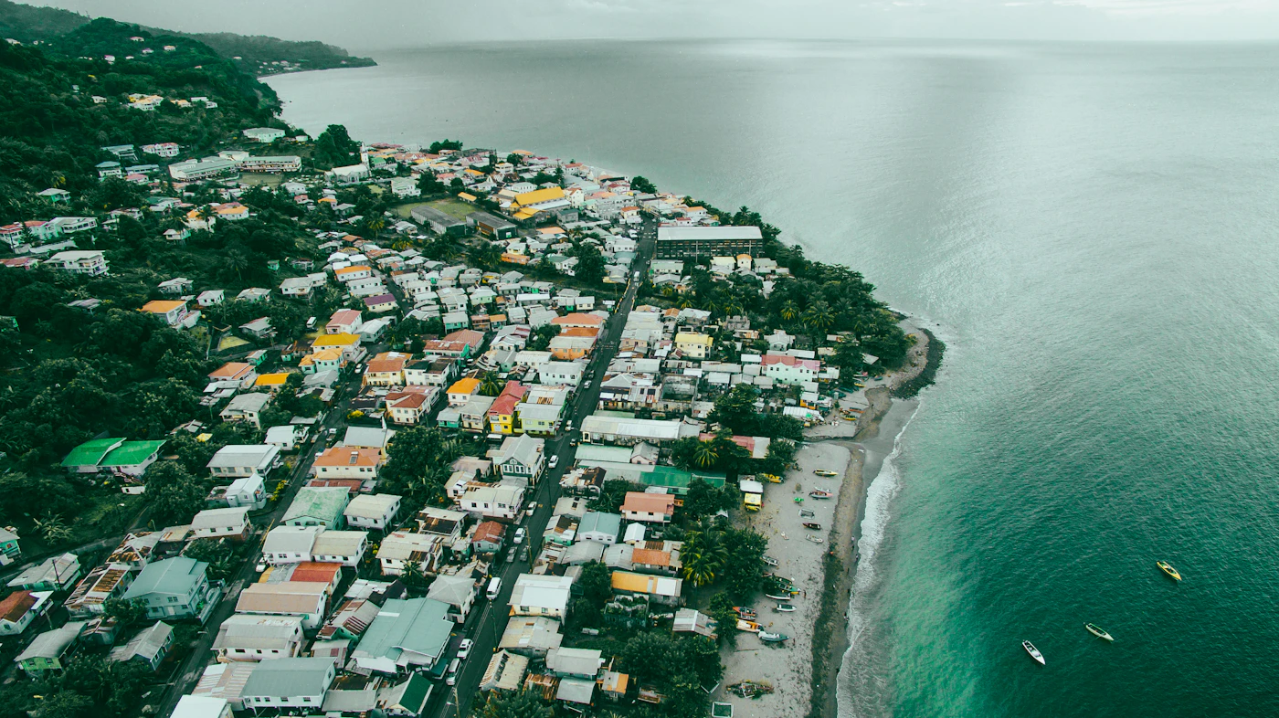 Colorful coastal Panama buildings and ocean view