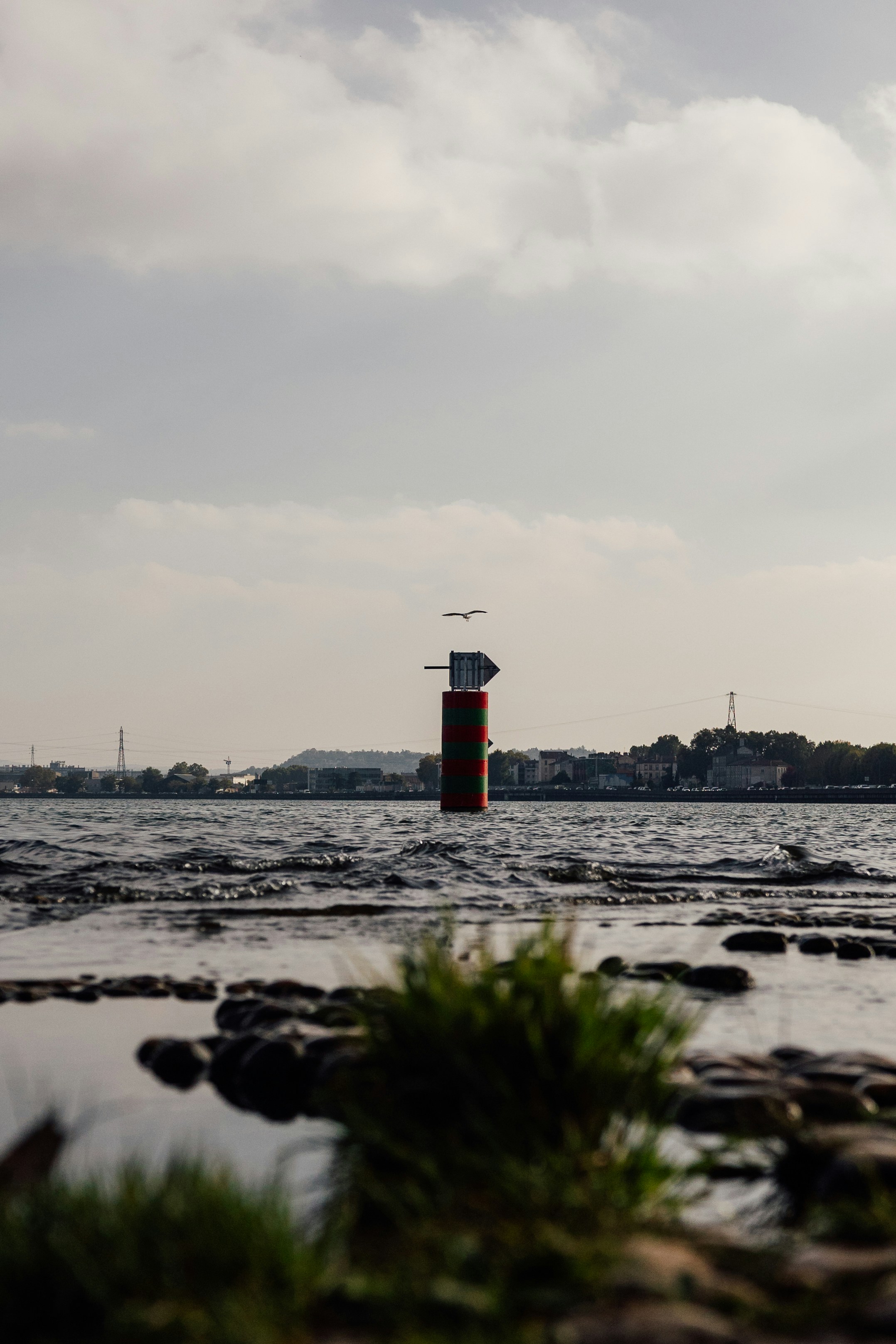 Red buoy in calm water with distant shoreline.