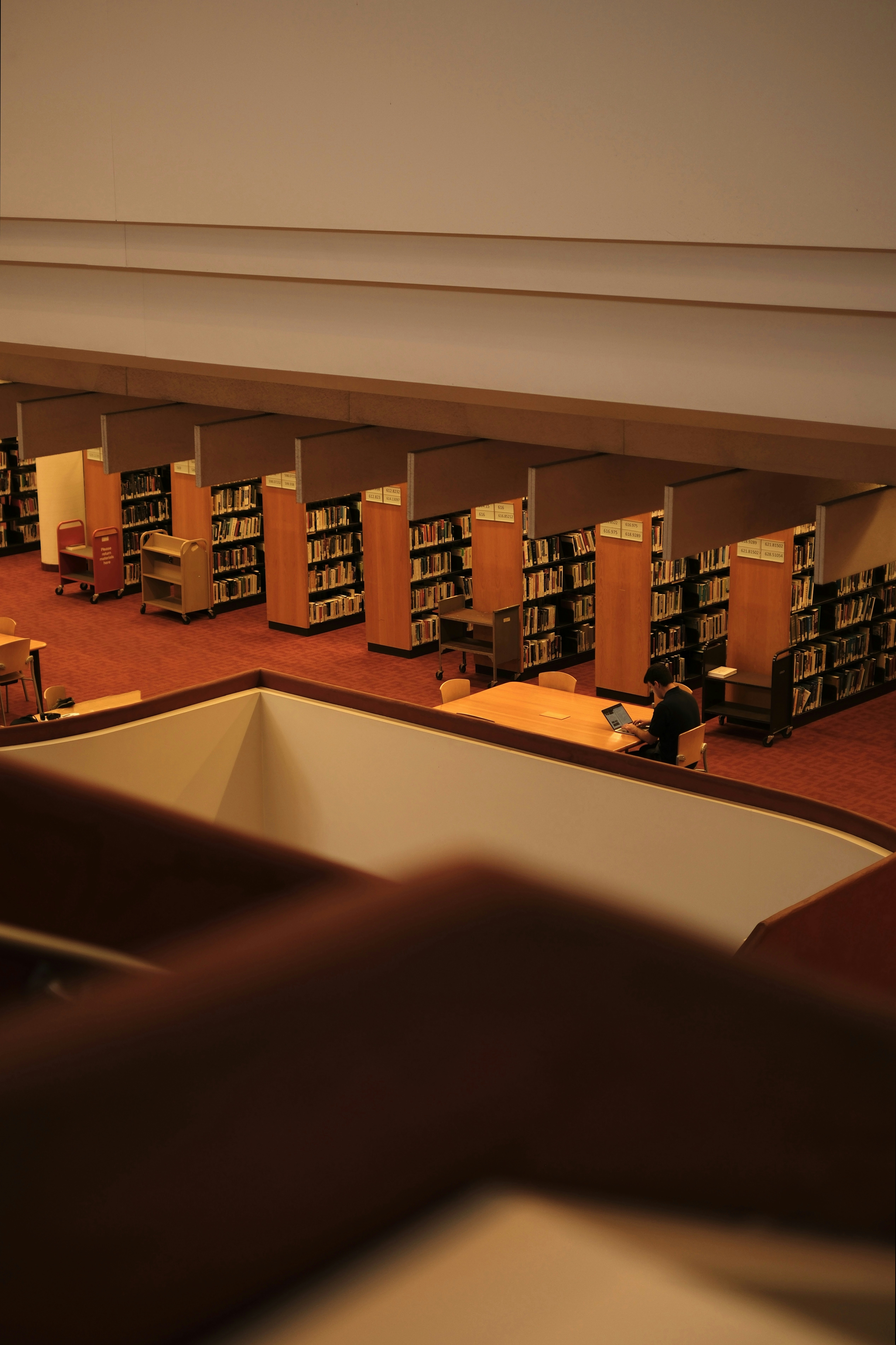 Rows of bookshelves in a library with a person working.