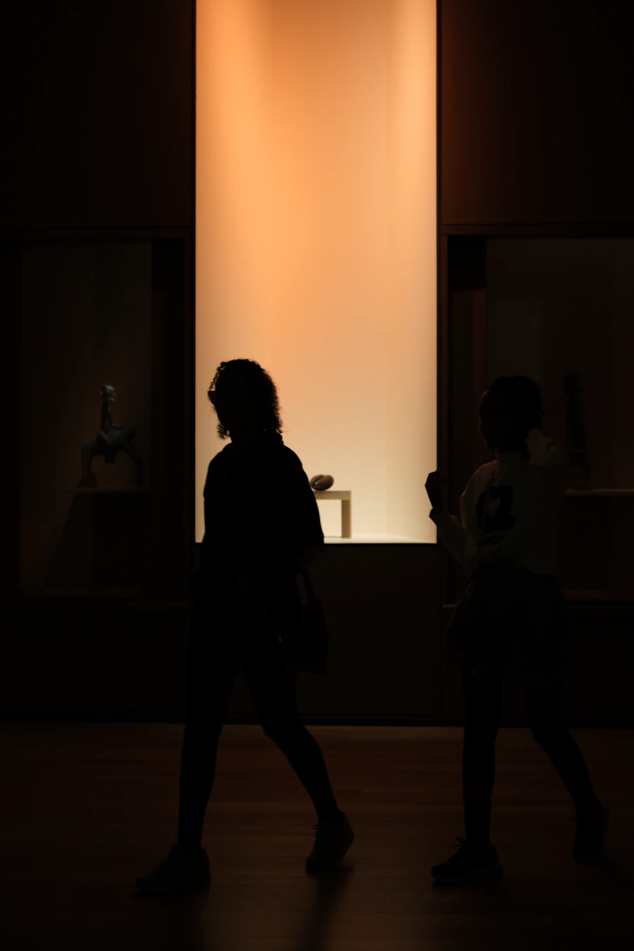 Silhouettes of visitors in a dimly lit gallery