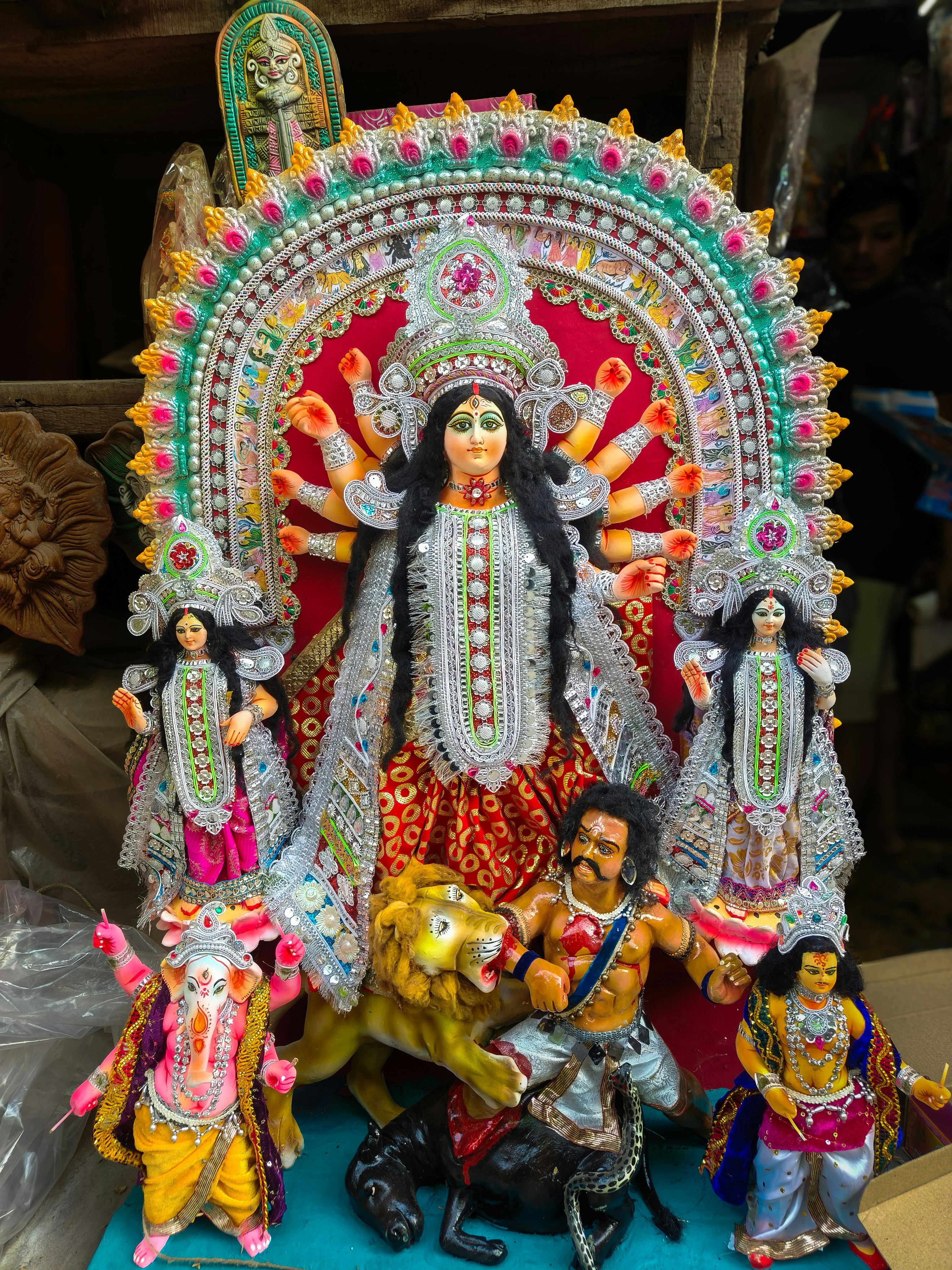 Colorful durga idol with attendants and her companions