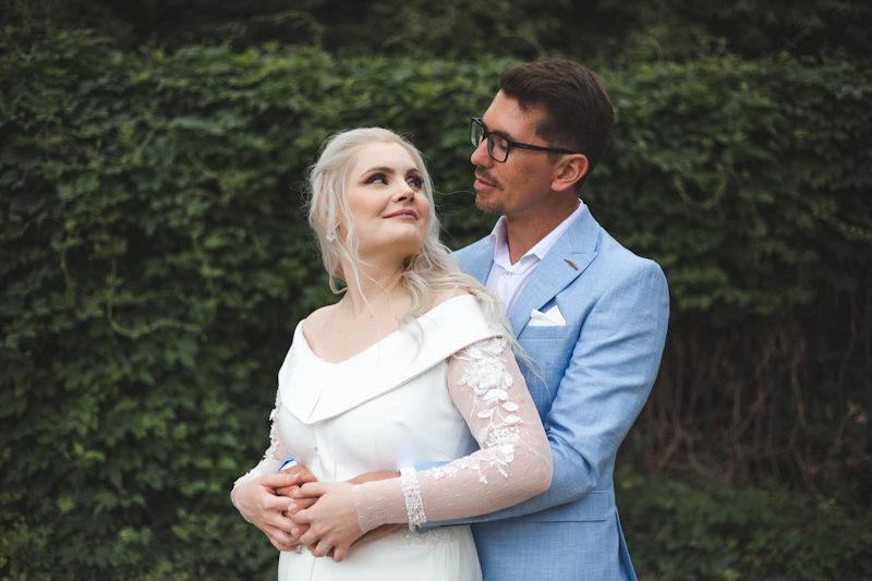 romantic couple embracing outdoors