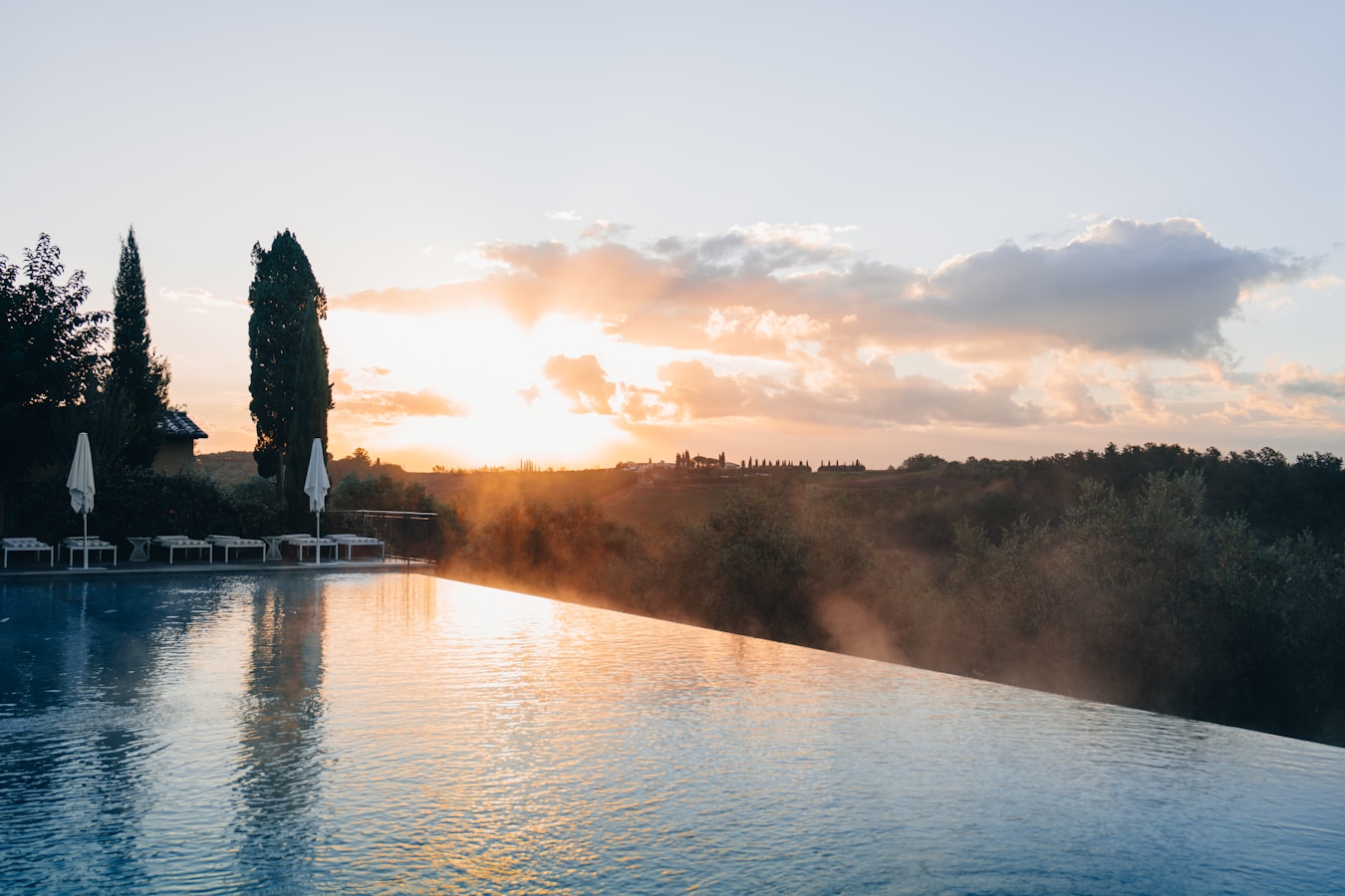 Infinity pool overlooking a forest at sunset