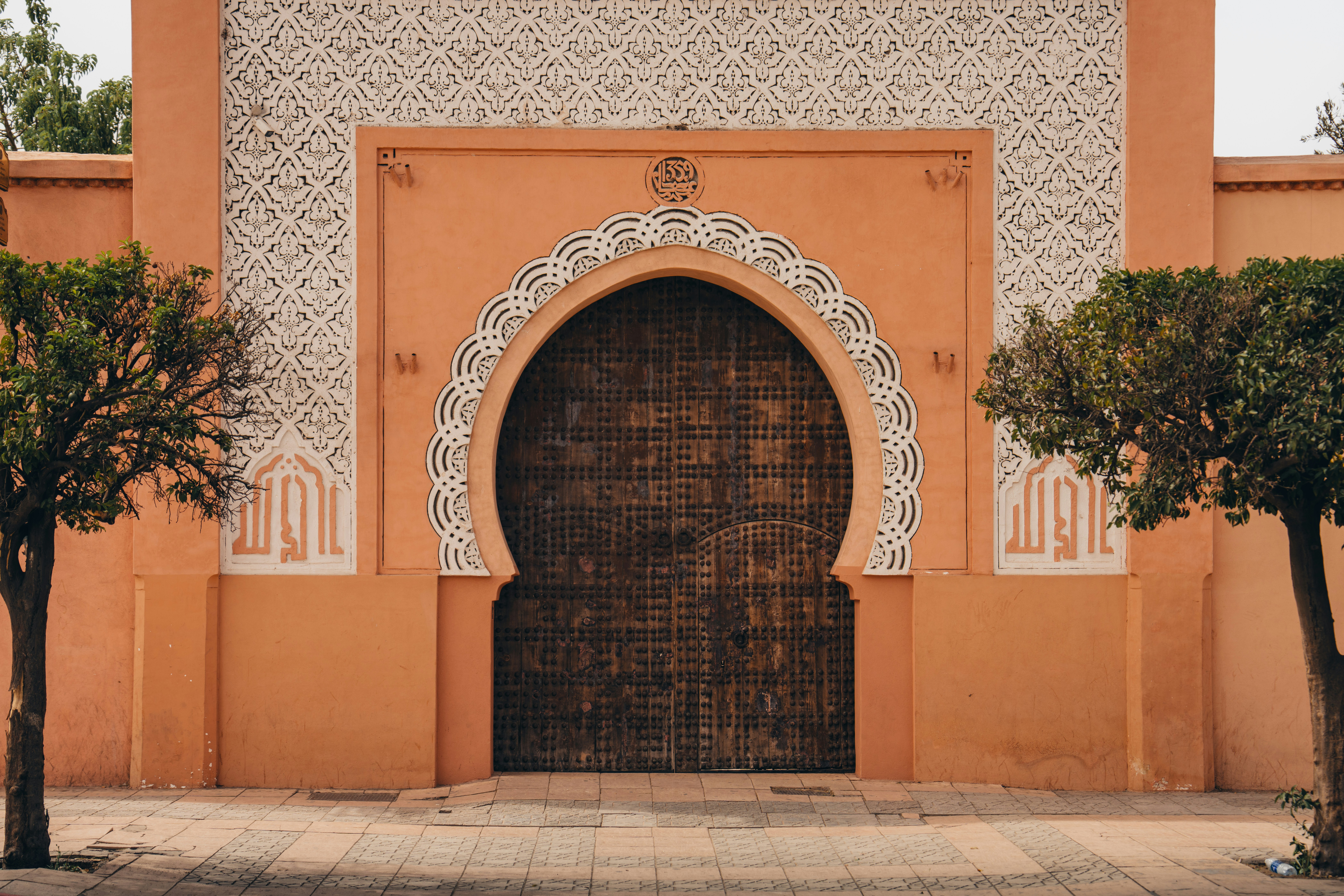Ornate arched doorway with intricate white patterns and trees.