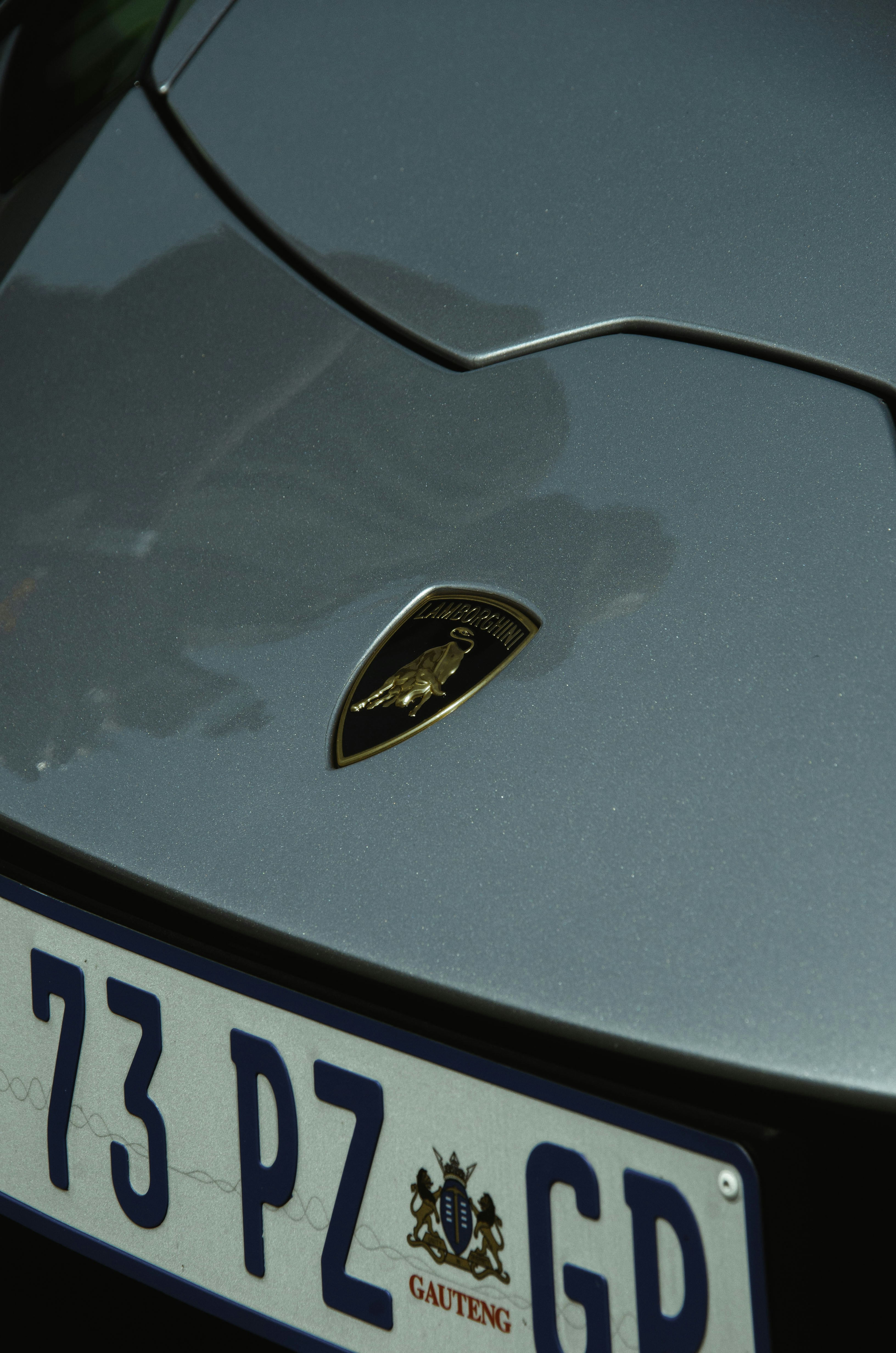 Close up of a lamborghini emblem on car hood.