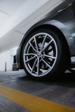 Close-up of a modern car wheel with alloy rim.