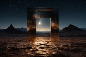 Golden portal in desert landscape under starry sky