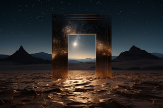 Golden portal in desert landscape under starry sky