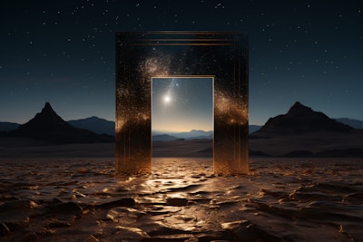 Golden portal in desert landscape under starry sky